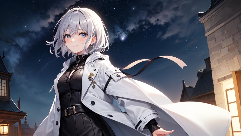 super high quality, girl, 20-year-old, とてもshort hair, long bangs between the eyes, very detailed,(masterpiece、highest quality)、alone、dark gray, silver hair, gray eyes, beautiful eyes,、short hair,night,starry skies、fantasylandscape,smile、white coat、black skirt