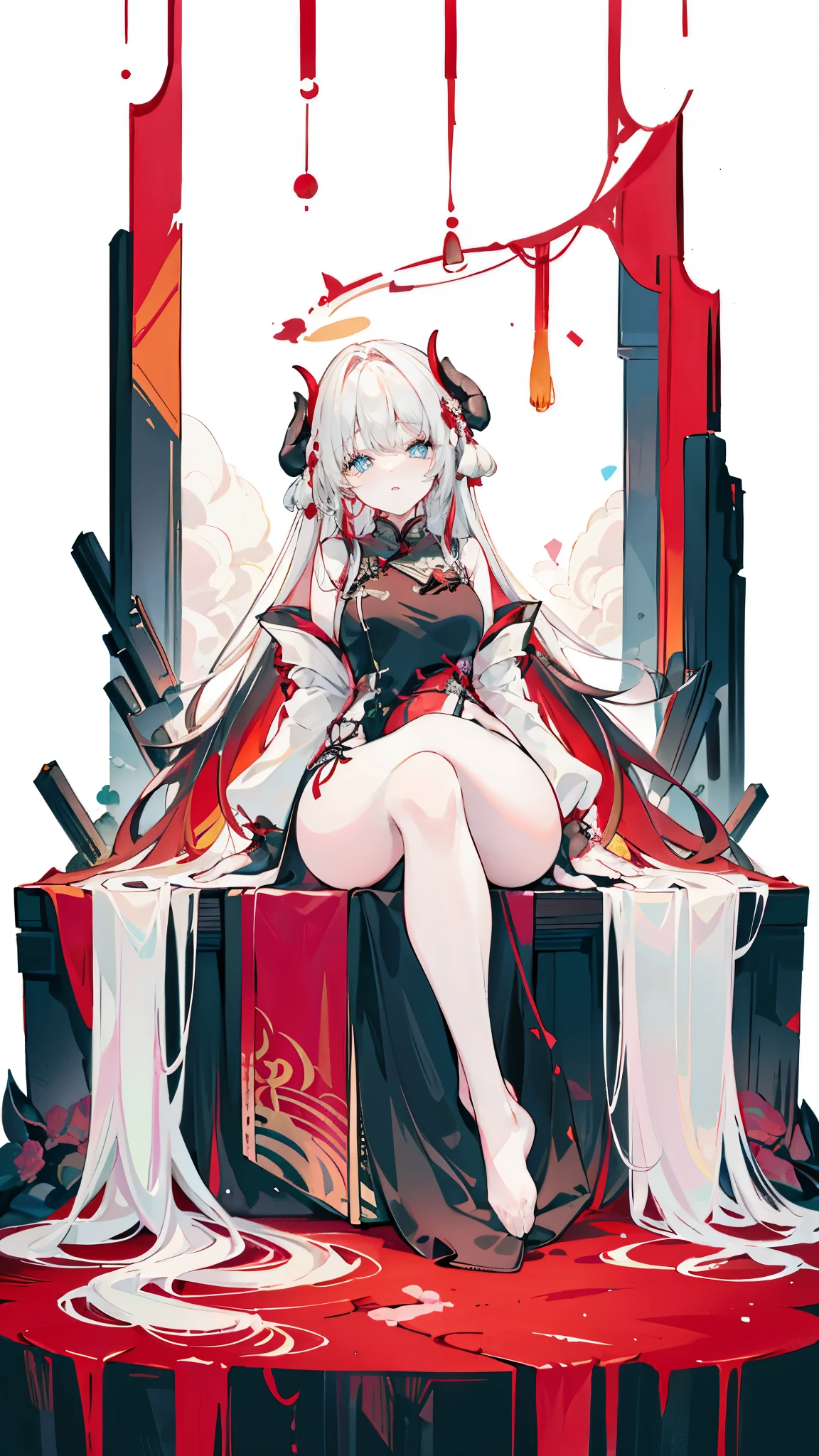 a girl，Sheep&#39;s horn, full color,  long white hair, Red眼睛 ，Eyeliner,  black transparent clothes, Red, open air, Rose, night, ruins, Butterfly，mine same as the original, mine, , (:1.2)
rest, (cheongsam), (view from below), (Put your arms behind your back), (wild lift), thin dress, Crotch cutout, best quality, high resolution, unified 8k wallpaper, (illustration:0.8), (Beautiful and delicate eyes:1.6), extremely detailed face, perfect lighting, Very detailed cg, (perfect hands, perfect anatomy),soles of feet，sitting，blond，red lips，Acting cute，Close-up of feet，up-close，Complete feet