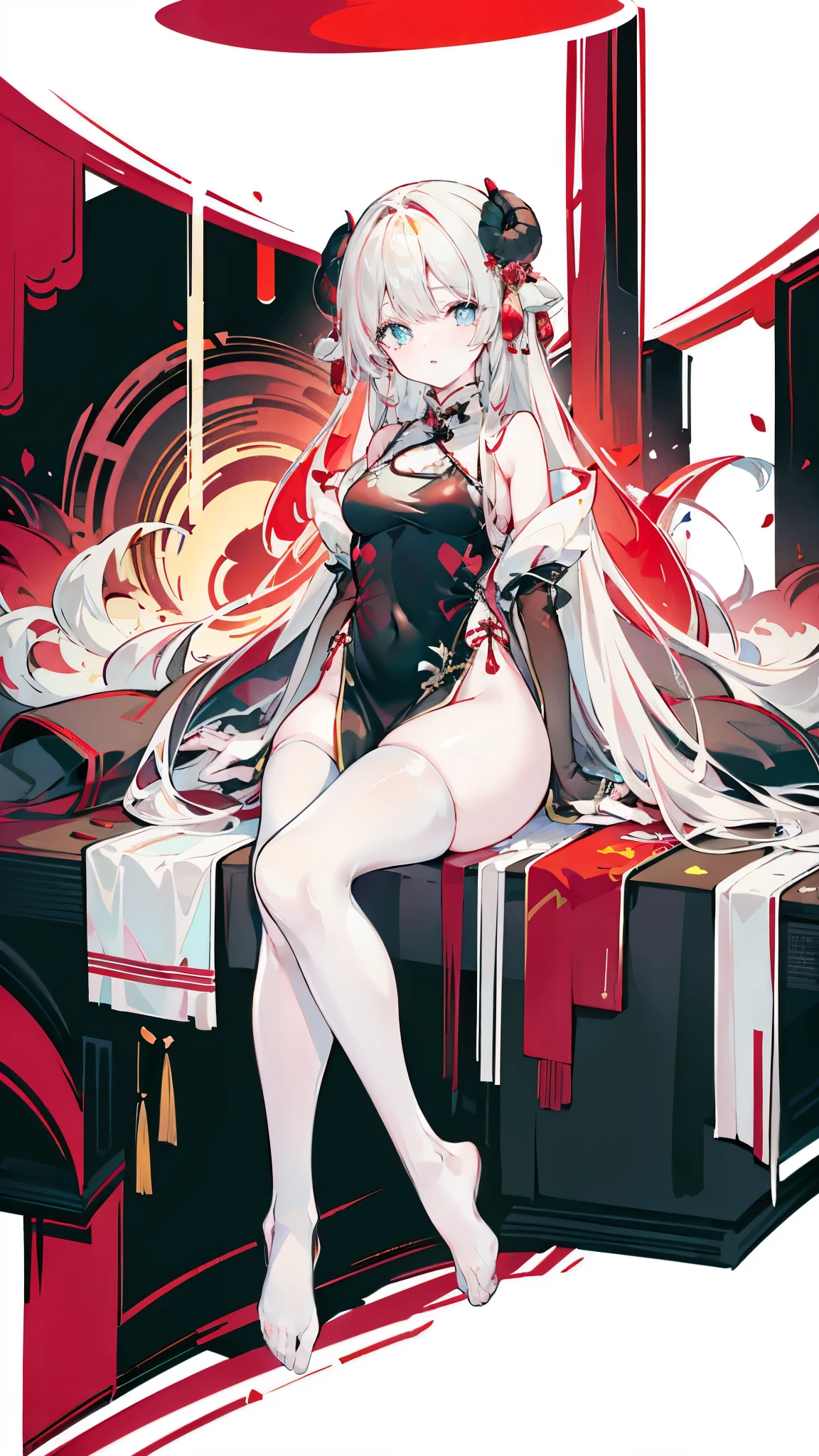 a girl，Sheep&#39;s horn, full color,  long white hair, Red眼睛 ，Eyeliner,  black transparent clothes, Red, open air, Rose, night, ruins, Butterfly，mine same as the original, mine, , (:1.2)
rest, (cheongsam), (view from below), (Put your arms behind your back), (wild lift), thin dress, Crotch cutout, best quality, high resolution, unified 8k wallpaper, (illustration:0.8), (Beautiful and delicate eyes:1.6), extremely detailed face, perfect lighting, Very detailed cg, (perfect hands, perfect anatomy),soles of feet，sitting，blond，red lips，Acting cute，Close-up of feet，up-close，Complete feet