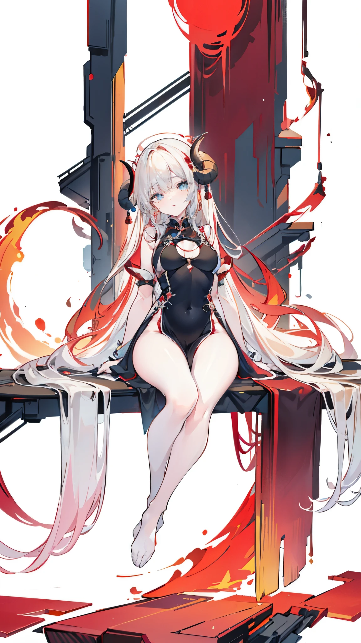 a girl，Sheep&#39;s horn, full color,  long white hair, Red眼睛 ，Eyeliner,  black transparent clothes, Red, open air, Rose, night, ruins, Butterfly，mine same as the original, mine, , (:1.2)
rest, (cheongsam), (view from below), (Put your arms behind your back), (wild lift), thin dress, Crotch cutout, best quality, high resolution, unified 8k wallpaper, (illustration:0.8), (Beautiful and delicate eyes:1.6), extremely detailed face, perfect lighting, Very detailed cg, (perfect hands, perfect anatomy),soles of feet，sitting，blond，red lips，Acting cute，Close-up of feet，up-close，Complete feet，High heel