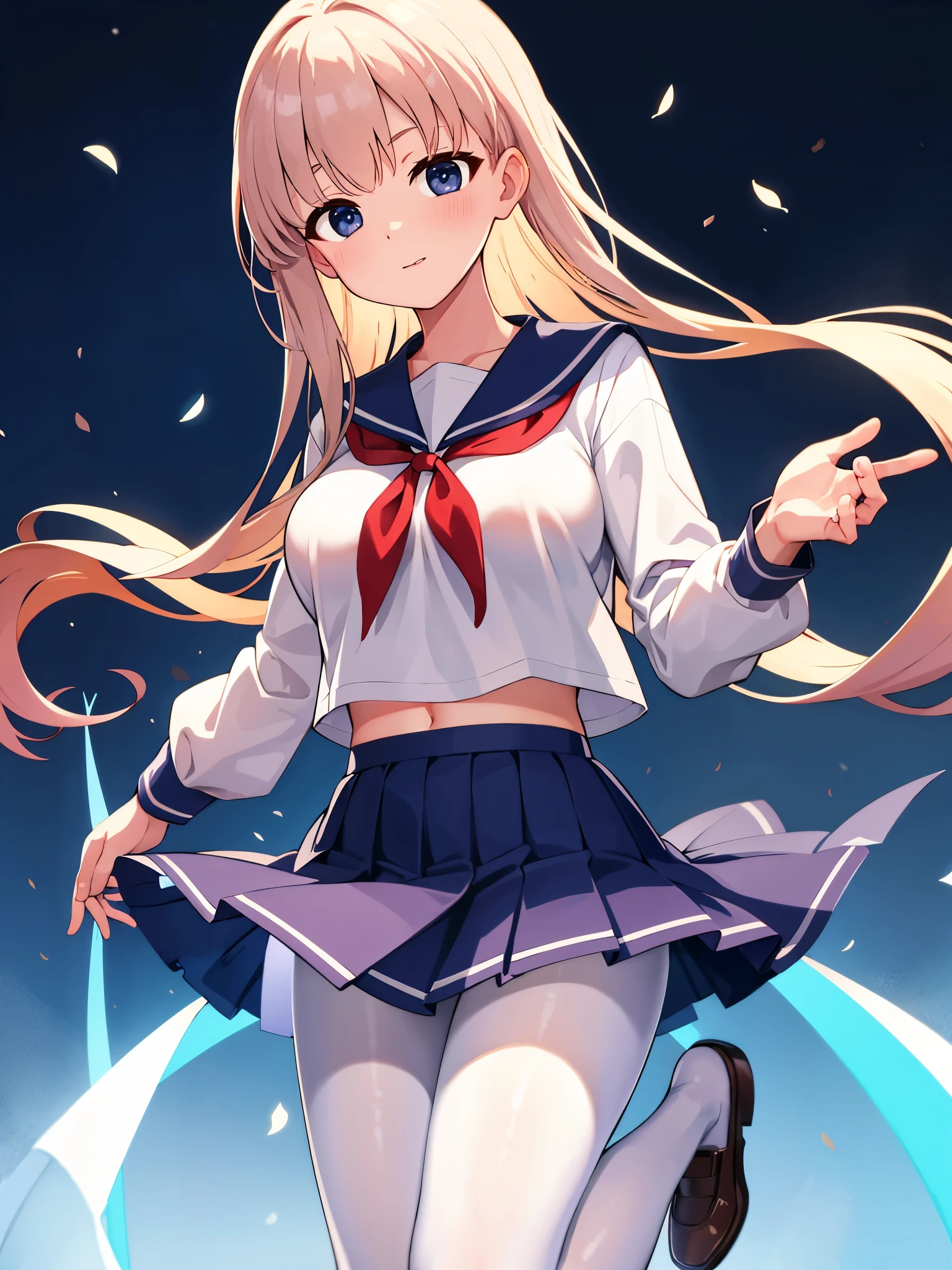 (1 girl),(high quality), (High resolution), (extremely detailed), (8K),(lower body shot),(She is wearing a translucent school uniform and a short navy pleated skirt.),(wearing black pantyhose)not wearing shoes,perfect writing,(Beautifully erect nipple shape:1.2),High resolutionの美しい目,(neutral white lighting:1.2),Dancing in another world with strong winds