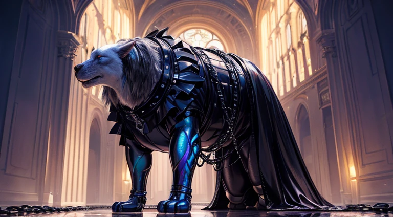 masterpiece, best quality, (mid_shot:1.3),(1 male:1.2),(muscle man:1.1),(frontal illumination:1.2),with a silver body and glitters with lights above,extreme iridescent reflection,in the style of vray tracing,vibrantmanga,shiny/ glossy,rococo pastel,fluid form,tinycore,fluid impressions,vray,machine aesthetics,yanjun cheng,silver,shiny eyes,fluidform.,the young warrior,male characteristics, fantasy world, a giant muscular man , on all fours, semi naked, bdsm style suit, bondage, dressed in leather and harness, studs, rings, chains, and sex toys, carrying a palanquin on his back, head hidden by a mask baroque leather, high resolution animated 8K