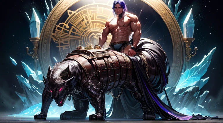 masterpiece, best quality, (mid_shot:1.3),(1 male:1.2),(muscle man:1.1),(frontal illumination:1.2),with a silver body and glitters with lights above,extreme iridescent reflection,in the style of vray tracing,vibrantmanga,shiny/ glossy,rococo pastel,fluid form,tinycore,fluid impressions,vray,machine aesthetics,yanjun cheng,silver,shiny eyes,fluidform.,the young warrior,male characteristics, fantasy world, a giant muscular man , on all fours, semi naked, bdsm style suit, bondage, dressed in leather and harness, studs, rings, chains, and sex toys, carrying a palanquin on his back, head hidden by a mask baroque leather, high resolution animated 8K