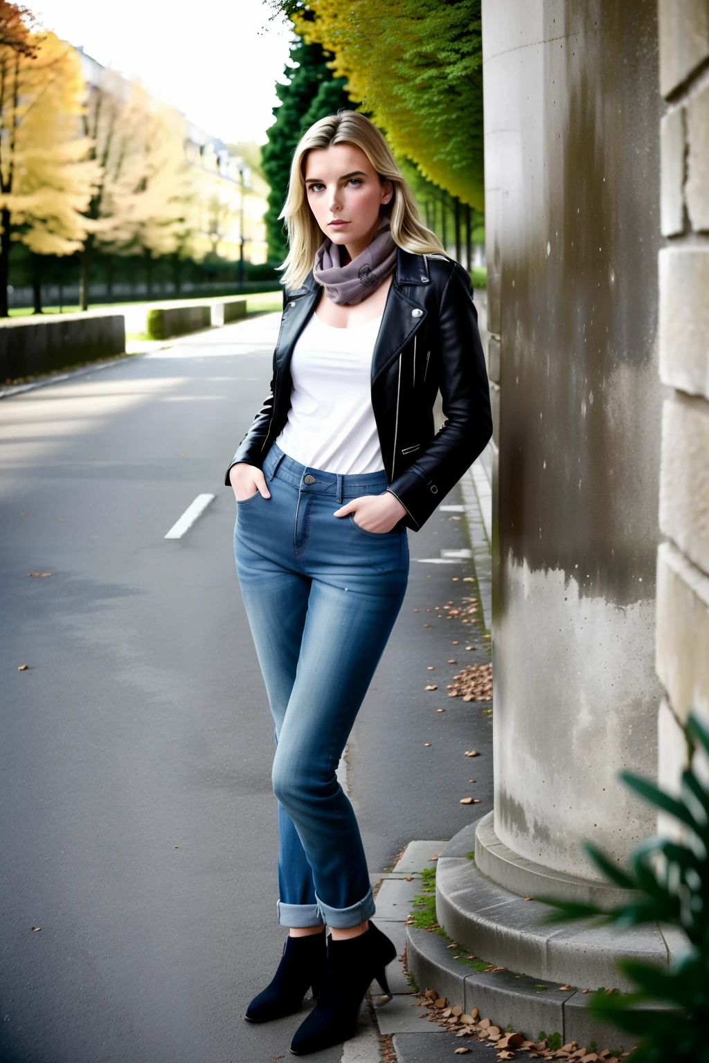 Betty_Gilpin, 1fille, cheveux blond, Cheveux longs, Regarder la visionneuse, Seulement, tout le corps, debout, journée ensoleillée, parc de ville, des arbres, herbe, trottoir, banc à l'ancienne, détail complexe, jour venteux, Veste de cuir, Foulard gris, Blue Jeans, sexy, profondeur de champ, photographe professionnel, éclairage cinématographique, Netteté, face au spectateur, plantes réalistes, Éclairage réaliste