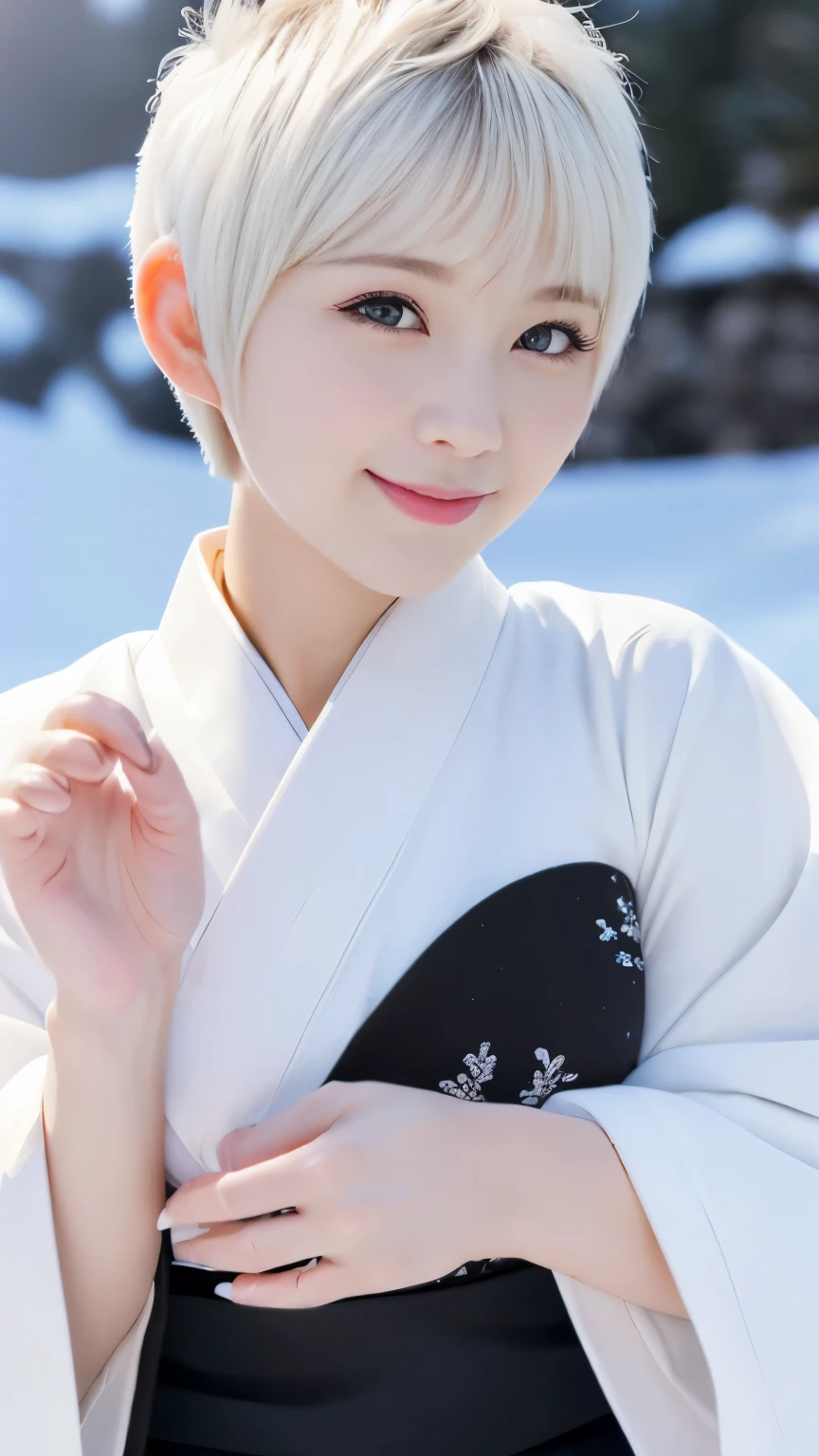 ((Best-quality, Masterpiece, Ultra-High-Resolution, (Photorealistic:1.4), Raw-Photo, Extremely-Details, Perfect-Anatomy)), 1girls, 18-years-old, the most popular Japanese-idol, grinning at heavy-snowy-mountain, (((((claw-pose, extremely cute face like a most famous Japanese-idol, extremely beautiful big-black-eyes, extremely beautiful white-short-cut-haired))))), extremely beautiful lips, extremely beautiful long-eyelashes, extremely beautiful white-skins, wearing only white-Japanese-KIMONO, detailed snowy-mountain, detailed white-Japanese-KIMONO