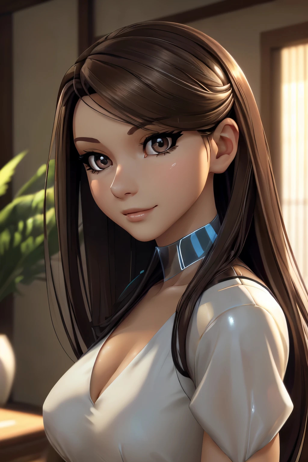 ((ultra quality)), ((masterpiece)), android girl, cyberpunk, ((brown hair long straight hair)), (beautiful cute face), (beautiful female lips), charming, ((sexy facial expression)), looking at the camera smiling softly, eyes slightly open, (skin color pale white), glare on the body, Android Body, ((detailed beautiful female eyes)), ((dark brown eyes)), (juicy female lips), (black eyeliner), (beautiful female hands), ((ideal female figure)), ideal female body, beautiful waist, gorgeous thighs, beautiful medium breasts, ((subtle and beautiful)), stands temptingly (close up of face), () background: Vacation home, living room, ((depth of field)), ((high quality clear image)), (clear details), ((high detail)), realistically, professional photo session, ((Clear Focus)), anime