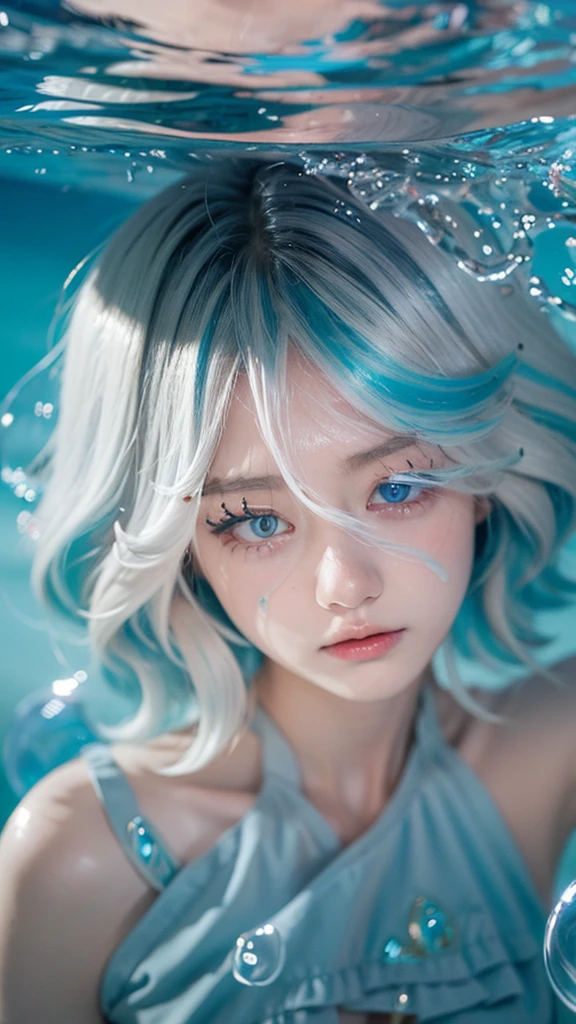 Beautiful water goddess with long light blue hair collapses on a bed of bubbles with sleepy eyes、masterpiece、realisitic
