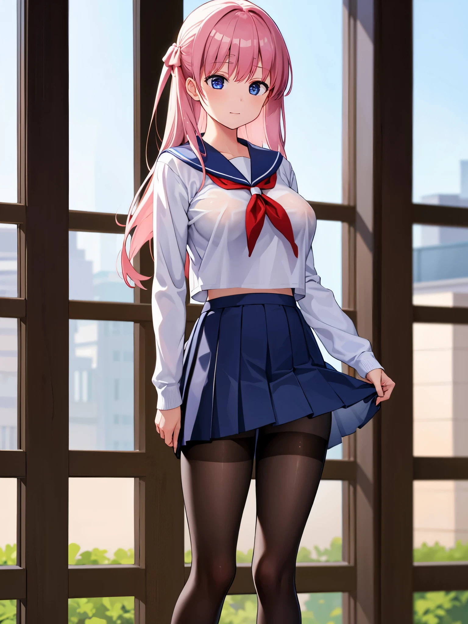 (1 girl),(high quality), (High resolution), (extremely detailed), (8K),(lower body shot),(She is wearing a translucent school uniform and a short navy pleated skirt.),(wearing black pantyhose)not wearing shoes,perfect writing,(Beautifully erect nipple shape:1.2),High resolutionの美しい目,(neutral white lighting:1.2),Dancing in another world with strong winds