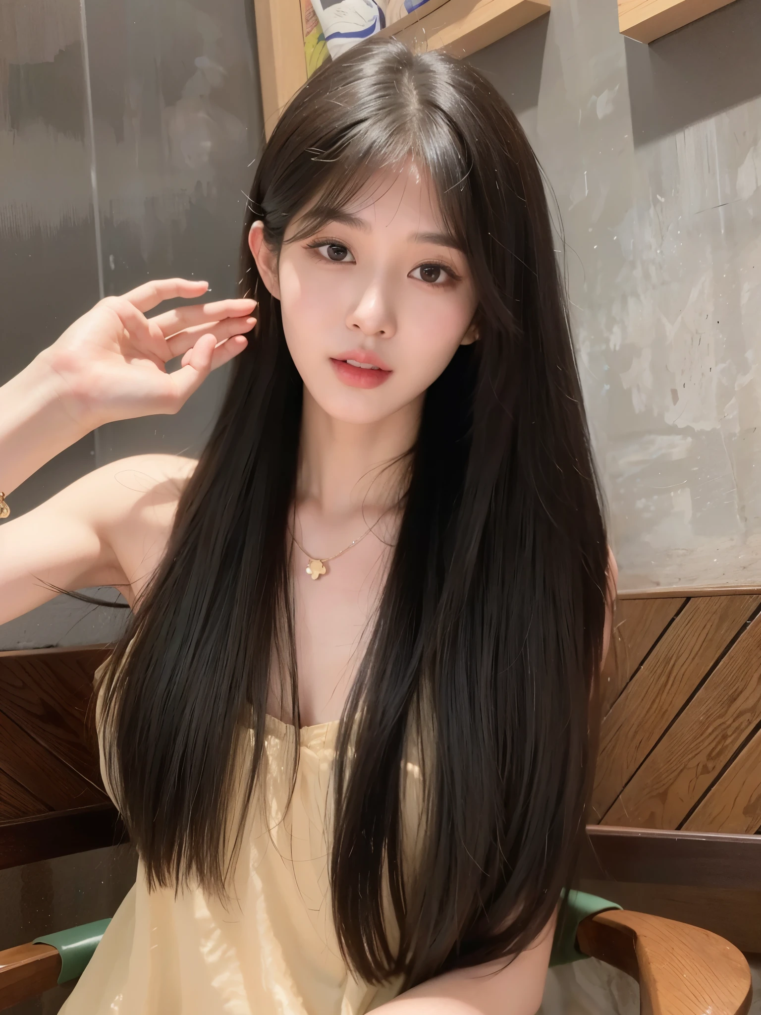 There a woman sitting on the bench,Urzan, long hair, brown 中分long hair, asian girl long hair, 中分long hair, long straight bangs, korean girl, with long black hair, jinyoung shin, sakimicchan, 八字刘海long hair, Dilireba