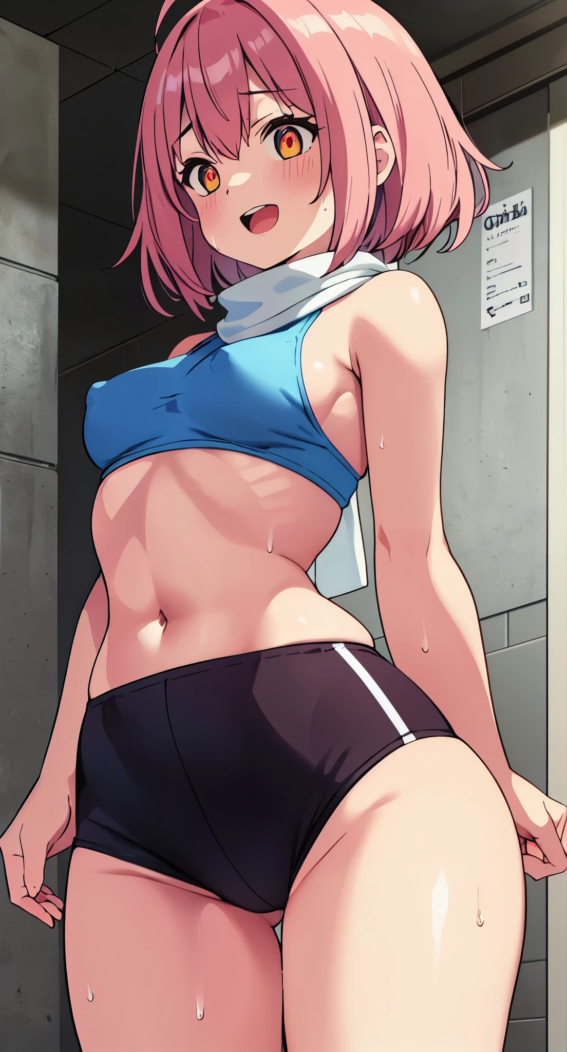 High quality、16 km race、anime screen capture、(((NSFW)))、(((Lori)))、(((smaller breasts)))、(obesity)、(thick thighs)、(Pink hair)、((((Wavy Hair))))、Ahoge、 (bob cut)、(dripping sweat)、((:d))、((swelling of nipples))、((Light Blue Sports Bra))、pink scarf、white knee socks、((Orange eyes))、Rear view、((fuck from behind))、back、big ass、(Hands on your chest)、(((embarrassing)))