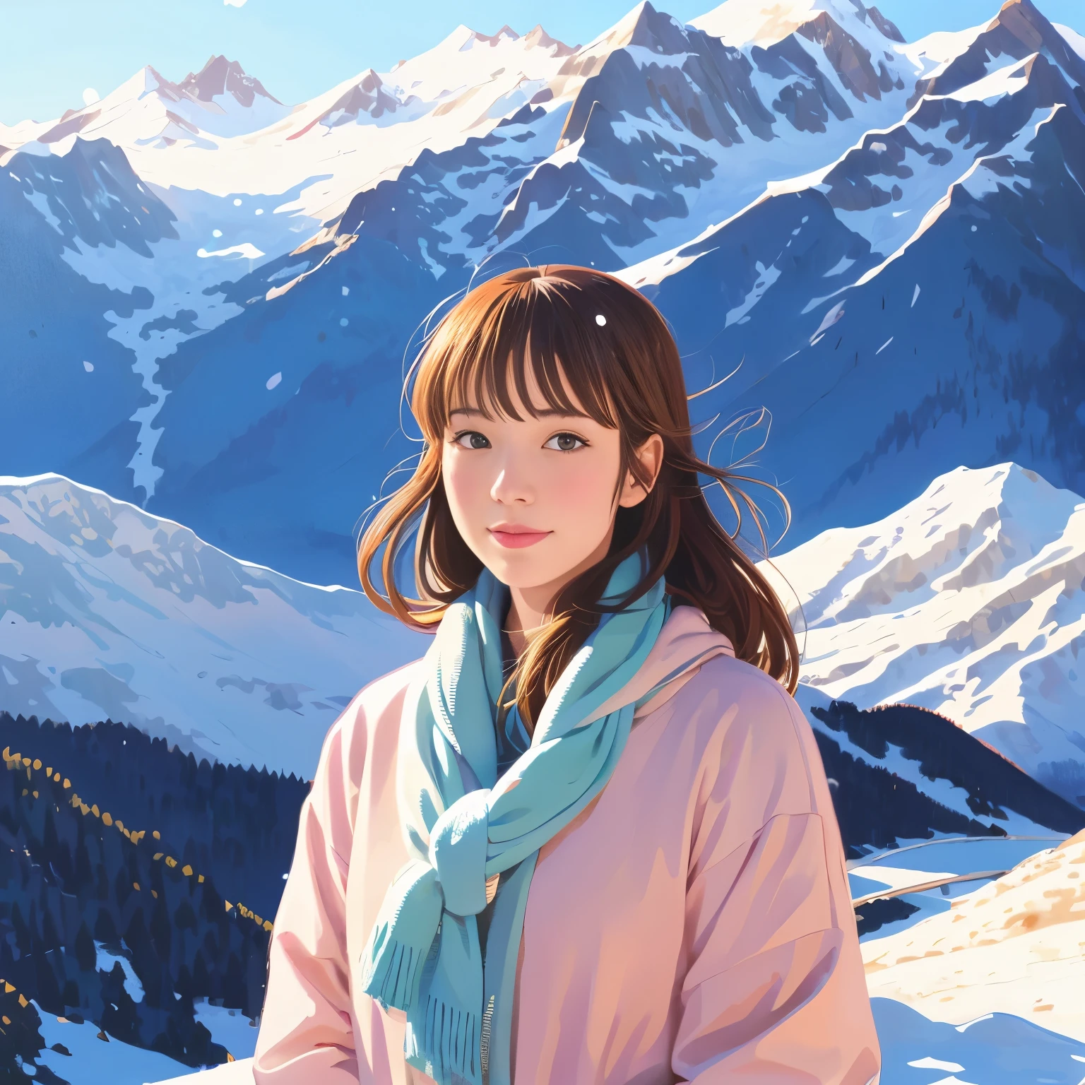 illustration style, ukiyo-e, Showa anime, mature woman, snow, (Sensitive), Asahi, mountains in the background, (highest quality, super detailed, realistic:1.37, portrait, Bright colors, Natural light)