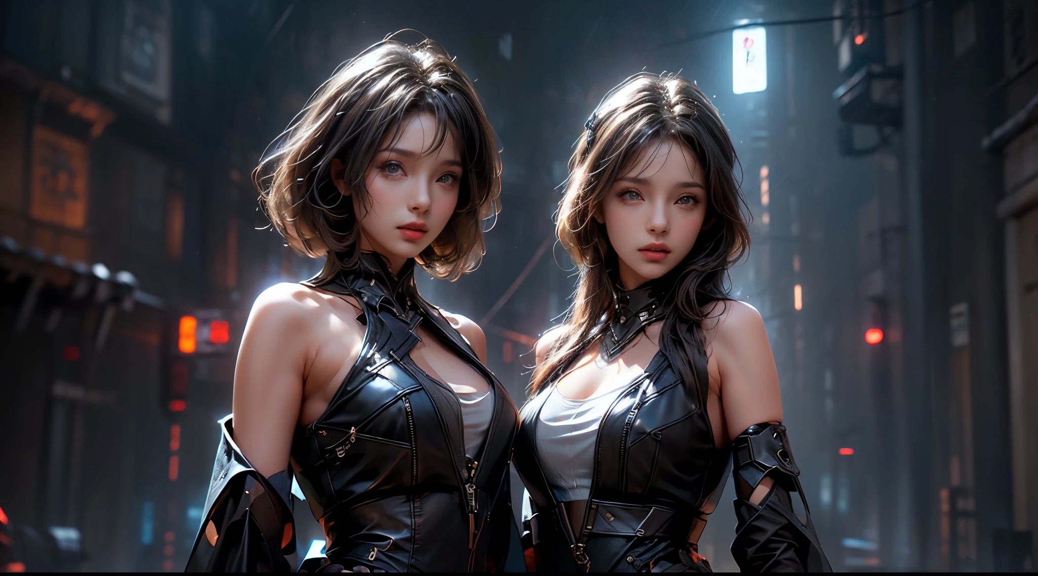 two girls, Futuristic style, Locomotive wind, Fair skin, A blonde, Another brunette, Nightclub girls, plump figure, Plump breasts, nude photo, Posture of character, One faces the camera and the other faces away from the camera, Cyberpunk scene, nigh, In front of the nightclub, Fashion scene, Dynamic lighting, Look up at the camera, Half sideways, panorama, Eye-Level Shot, f/2.8, 8k, best quality, award winning, highres, masterpiece