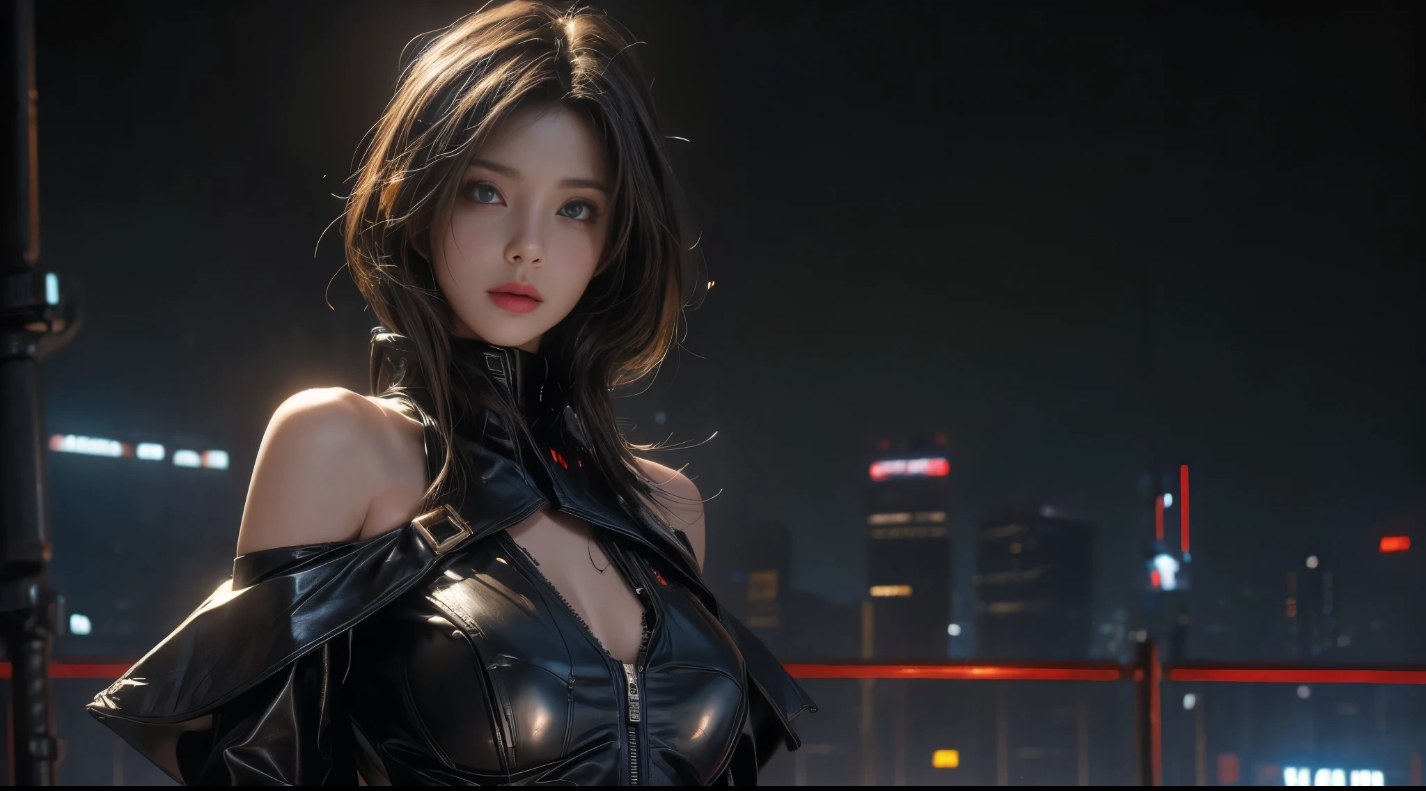 original photo, (best quality:1.3), high resolution, (masterpiece), (lifelike:1.4), Professional photography, sharp focus, high dynamic range, 8K resolution, intricate details, Exquisite details, depth of field, Extremely detailed CG unified 8k wallpaper, masterpiece,movie poster,best quality,official art,(Beauty and aesthetics:1.2),(masterpiece:1.3),The cities of the future,cyberpunk characterar,a girl,Leather jacket,Off the shoulders,No underwear,looking at camera,(medium focal length lens:1.8),volumetric fog,rain,night,drama