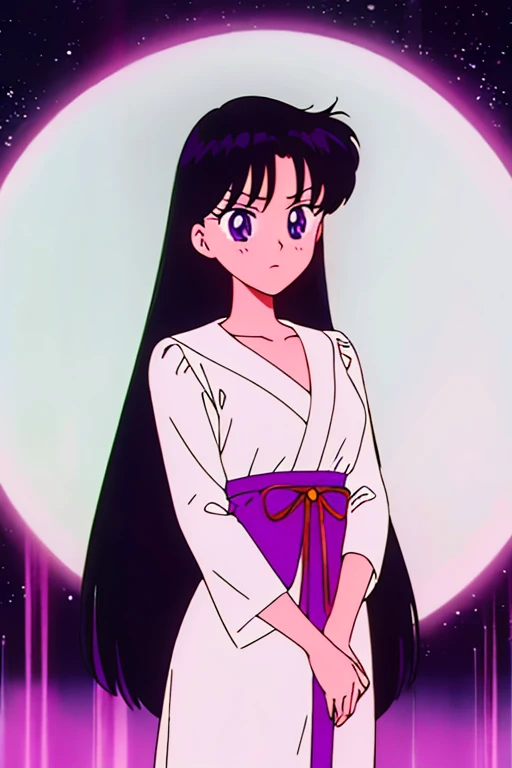 rei hino, black hair, purple eyes, Long straight hair, fancy white dress, night, high school entrance, 1 girl, solo, high quality, masterpiece.