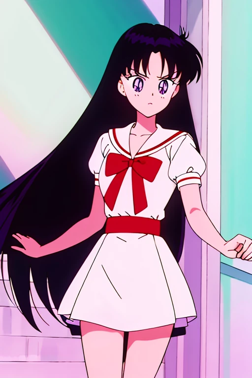 rei hino, black hair, purple eyes, Long straight hair, fancy white dress, night, high school entrance, 1 girl, solo, high quality, masterpiece.