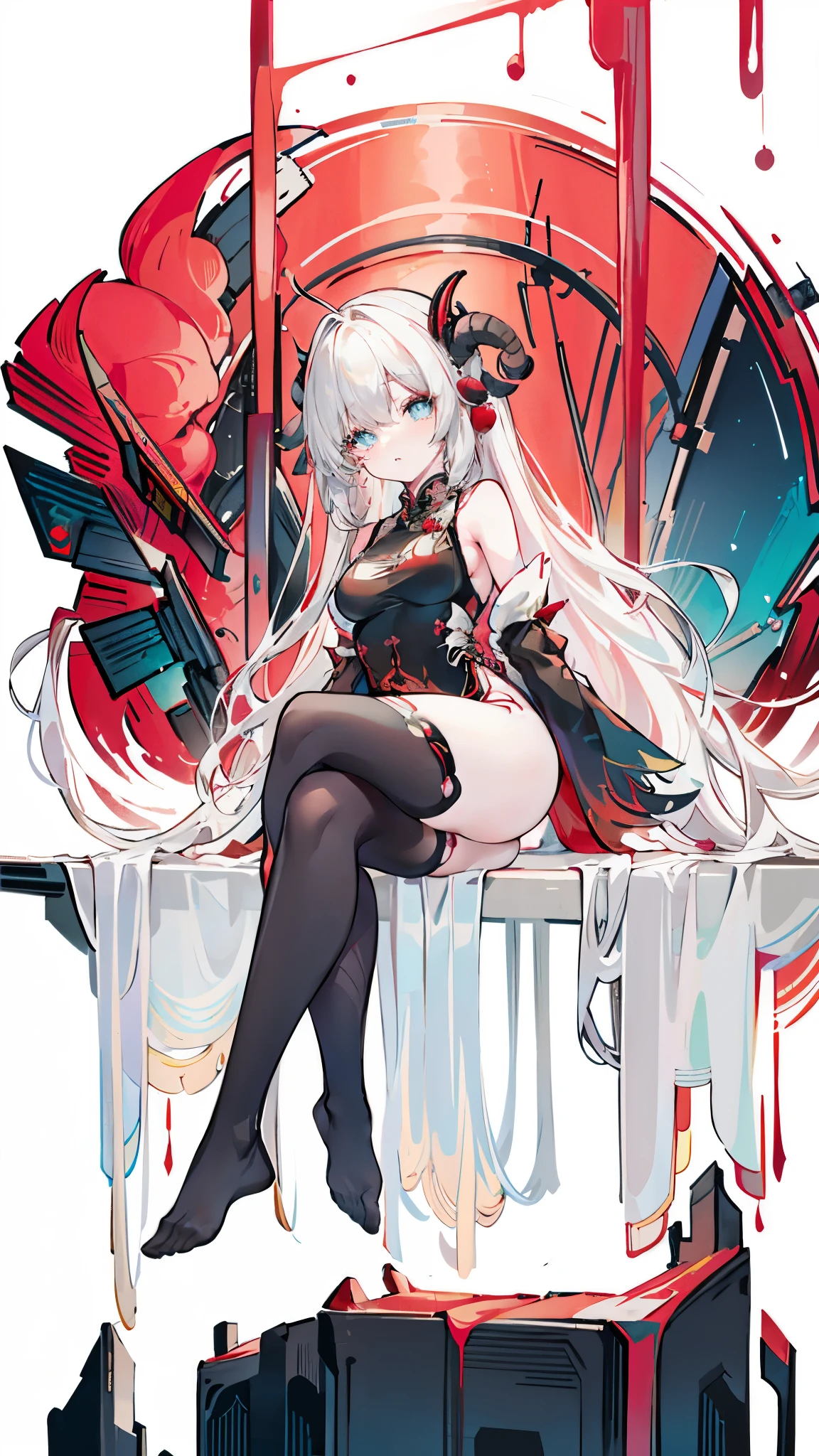 a girl,Sheep's horn, full color, long white hair, Red眼睛 ,Eyeliner, black transparent clothes, Red, open air, Rose, night, ruins, Butterfly,mine same as the original, mine, , (:1.2)
rest, (cheongsam), (view from below), (Put your arms behind your back), (wild lift), thin dress, Crotch cutout, best quality, high resolution, unified 8k wallpaper, (illustration:0.8), (Beautiful and delicate eyes:1.6), extremely detailed face, perfect lighting, Very detailed cg, (perfect hands, perfect anatomy),soles of feet,sitting,blond,red lips,Acting cute,Close-up of feet,up-close,Complete feet,High heel