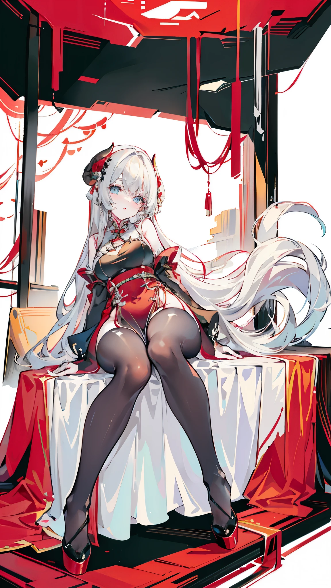 a girl，Sheep&#39;s horn, full color,  long white hair, Red眼睛 ，Eyeliner,  black transparent clothes, Red, open air, Rose, night, ruins, Butterfly，mine same as the original, mine, , (:1.2)
rest, (cheongsam), (view from below), (Put your arms behind your back), (wild lift), thin dress, Crotch cutout, best quality, high resolution, unified 8k wallpaper, (illustration:0.8), (Beautiful and delicate eyes:1.6), extremely detailed face, perfect lighting, Very detailed cg, (perfect hands, perfect anatomy),soles of feet，sitting，blond，red lips，Acting cute，Close-up of feet，up-close，Complete feet，High heel