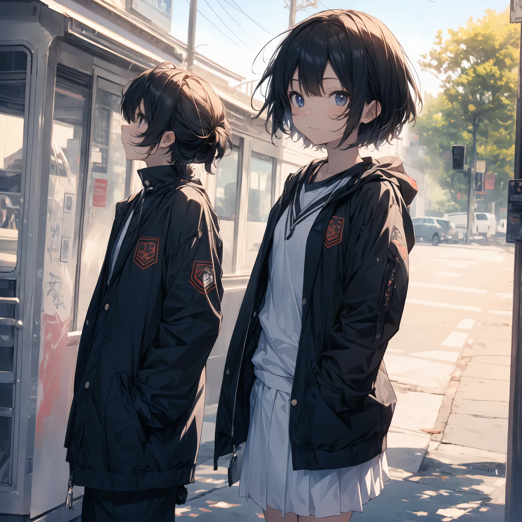 Super high quality by the art god, super detailed, High resolution, Shinkai Makoto style, anime moe art style, best anime 8K konachan wallpaper, pixiv contest winner, perfect anatomy, break,(眠そうにalone学校へ行く女の子を描いてください. ),break, surreal high school girl, (alone,change,child,13 years old:1.3),All limbs, full finger,Middle school students, androgynous charm, (very, very short hair), boyish hair, messy hair, flat and soft chest, small ass, between legs, small eyes,beautiful detailed black eyes, Well-proportioned iris and pupils, disgusted eyes, High resolutionの詳細な髪, school uniform, skirt, On the way to school. break,super dense skin, Best lighting by famous artists, 8K, figure,