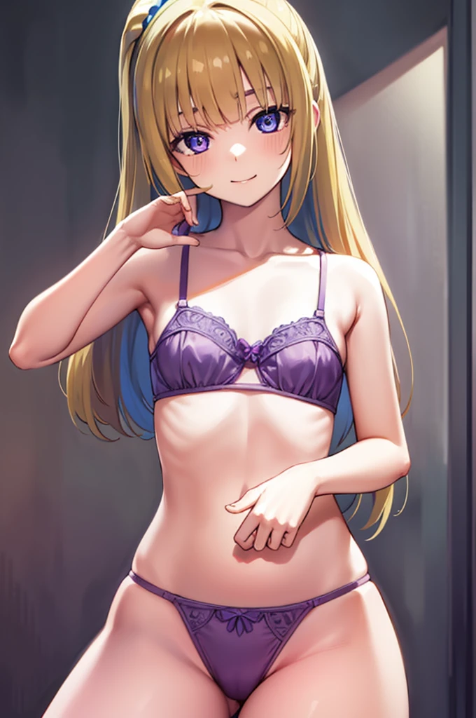 Keikaru Izawa、Karuizawa Kei、long hair、bangs、bangs、bangs、(Purple pupils:1.1)、blonde、hair ornaments、ponytail、Scrunchie、ブルーScrunchie、(small breasts:1.2)、 BREAK underwear、Purple Bra、purple ruffled panties、 indoor、Bedroom、 Looking at BREAK viewer、BREAK(masterpiece:1.2)、Highest image quality、High resolution、unified 8k wallpaper、(An illustration:0.8)、(beautiful detailed eyes:1.6)、highly detailed face、perfect lighting、Highly detailed CG、(perfect hands、perfect anatomy)、blush、smile、sexy pose