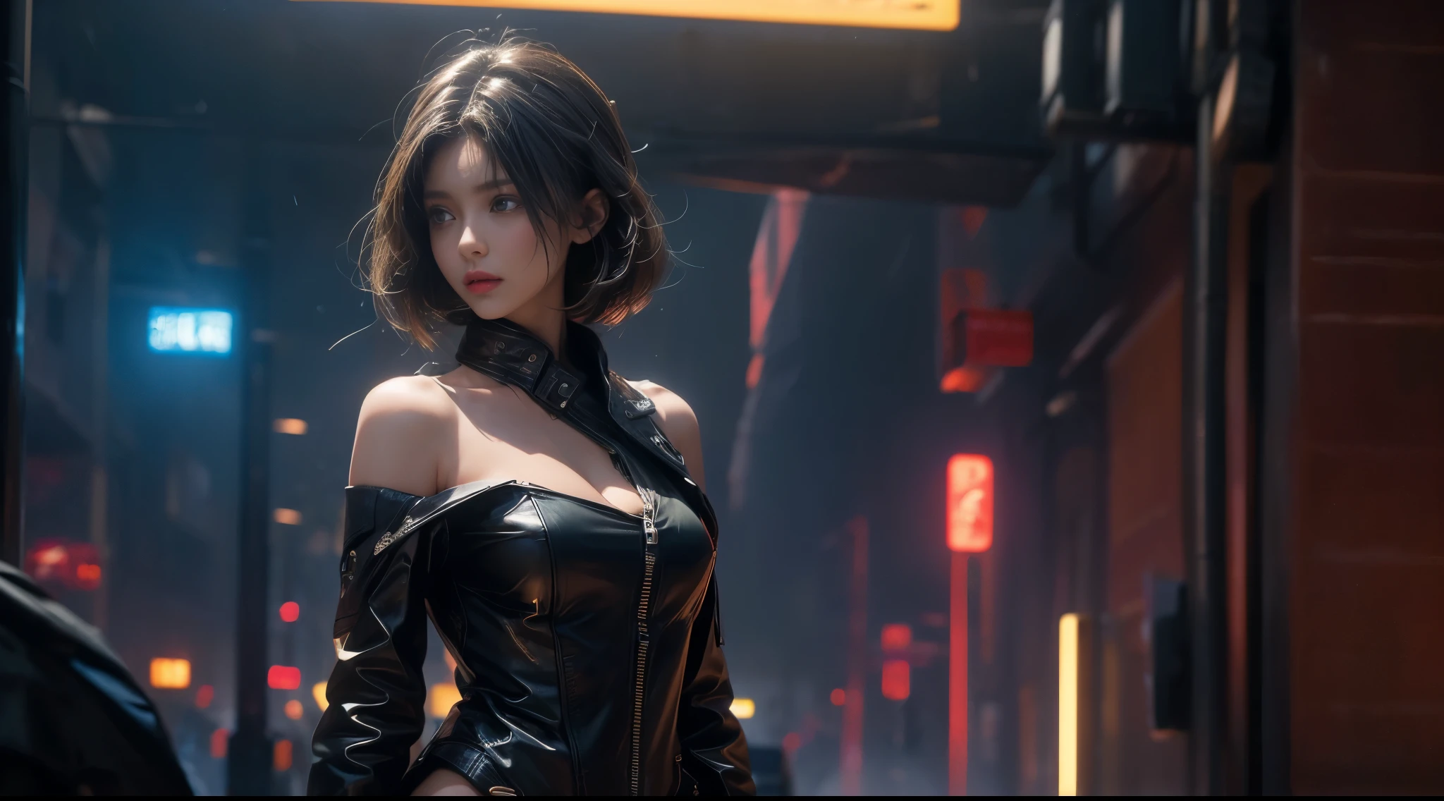 original photo, (best quality:1.3), high resolution, (masterpiece), (lifelike:1.4), Professional photography, sharp focus, high dynamic range, 8K resolution, intricate details, Exquisite details, depth of field, Extremely detailed CG unified 8k wallpaper, masterpiece,movie poster,best quality,official art,(Beauty and aesthetics:1.2),(masterpiece:1.3),The cities of the future,cyberpunk characterar,a girl,Leather jacket,Off the shoulders,No underwear,looking at camera,(medium focal length lens:1.8),volumetric fog,rain,night,drama