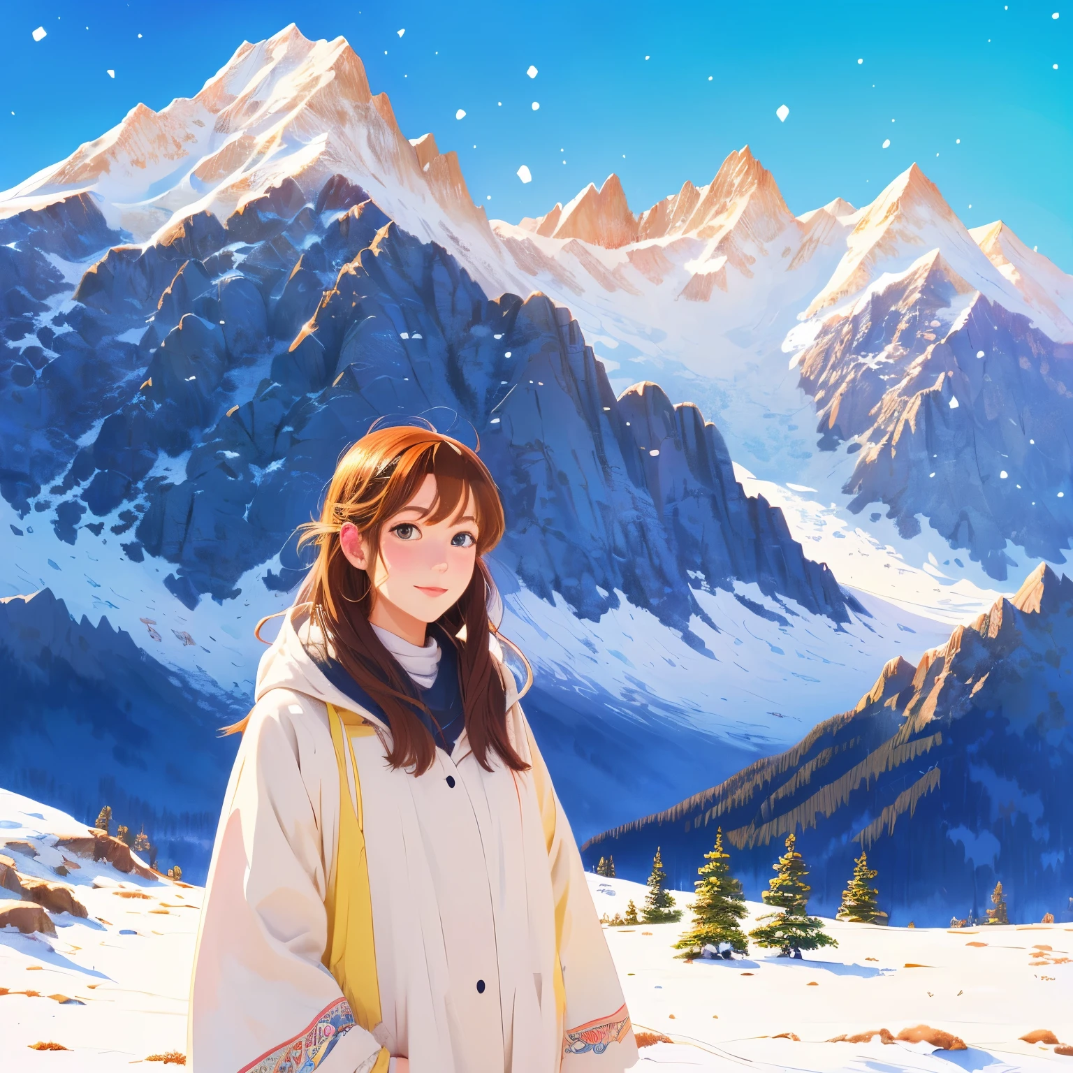 illustration style, ukiyo-e, Showa anime, woman, snow, (Sensitive), Asahi, mountains in the background, (highest quality, super detailed, realistic:1.37, portrait, Bright colors, Natural light)