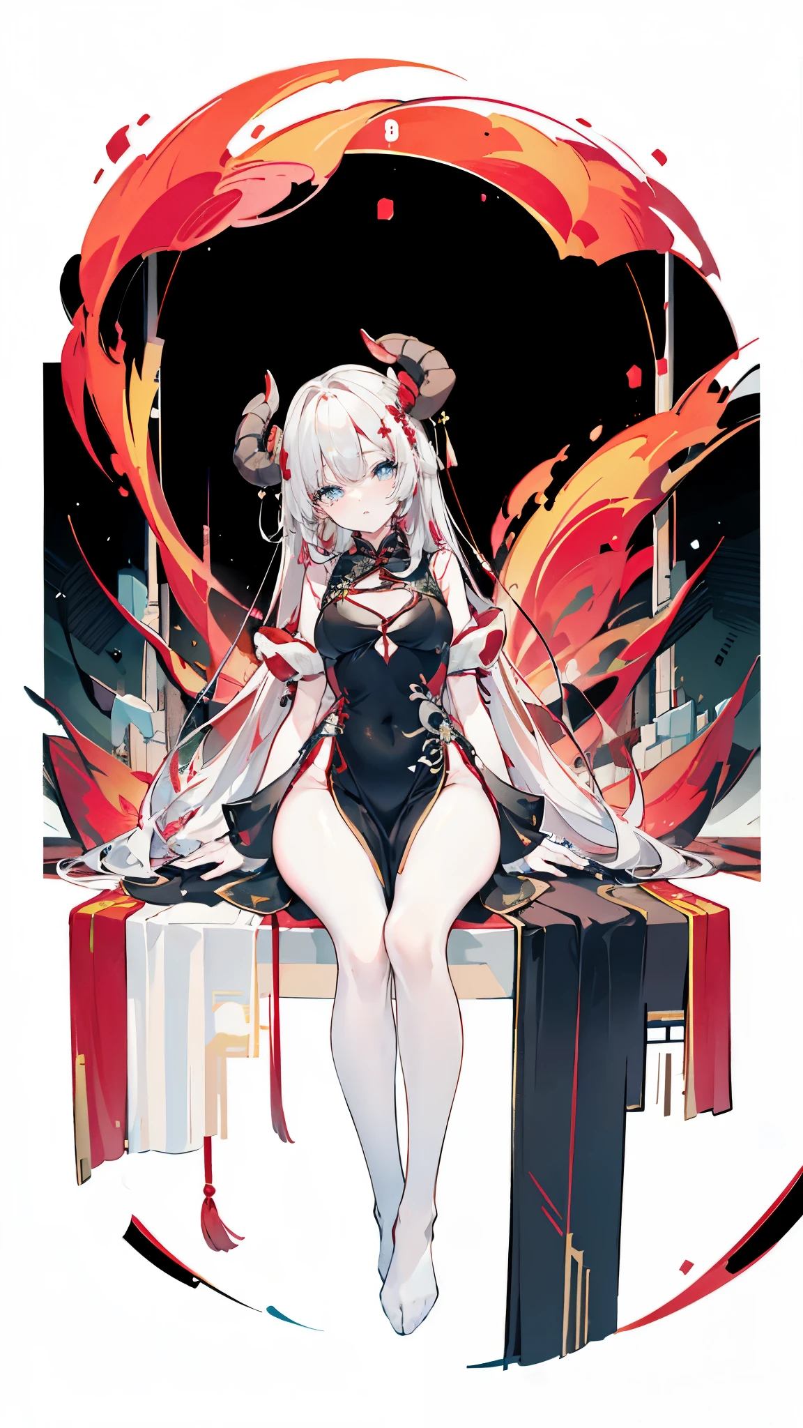 a girl，Sheep&#39;s horn, full color,  long white hair, Red眼睛 ，Eyeliner,  black transparent clothes, Red, open air, Rose, night, ruins, Butterfly，mine same as the original, mine, , (:1.2)
rest, (cheongsam), (view from below), (Put your arms behind your back), (wild lift), thin dress, Crotch cutout, best quality, high resolution, unified 8k wallpaper, (illustration:0.8), (Beautiful and delicate eyes:1.6), extremely detailed face, perfect lighting, Very detailed cg, (perfect hands, perfect anatomy),soles of feet，sitting，blond，red lips，Acting cute，Close-up of feet，up-close，Complete feet，High heel