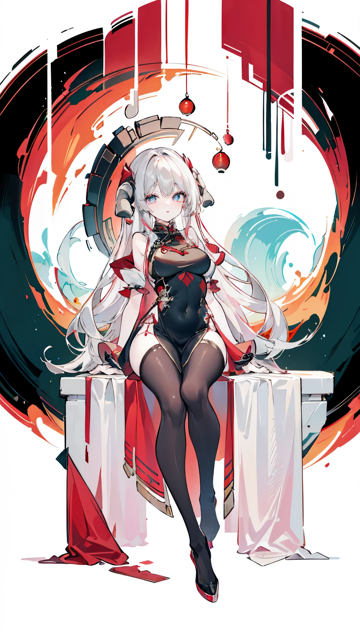 a girl，Sheep&#39;s horn, full color,  long white hair, Red眼睛 ，Eyeliner,  black transparent clothes, Red, open air, Rose, night, ruins, Butterfly，mine same as the original, mine, , (:1.2)
rest, (cheongsam), (view from below), (Put your arms behind your back), (wild lift), thin dress, Crotch cutout, best quality, high resolution, unified 8k wallpaper, (illustration:0.8), (Beautiful and delicate eyes:1.6), extremely detailed face, perfect lighting, Very detailed cg, (perfect hands, perfect anatomy),soles of feet，sitting，blond，red lips，Acting cute，Close-up of feet，up-close，Complete feet，High heel，side