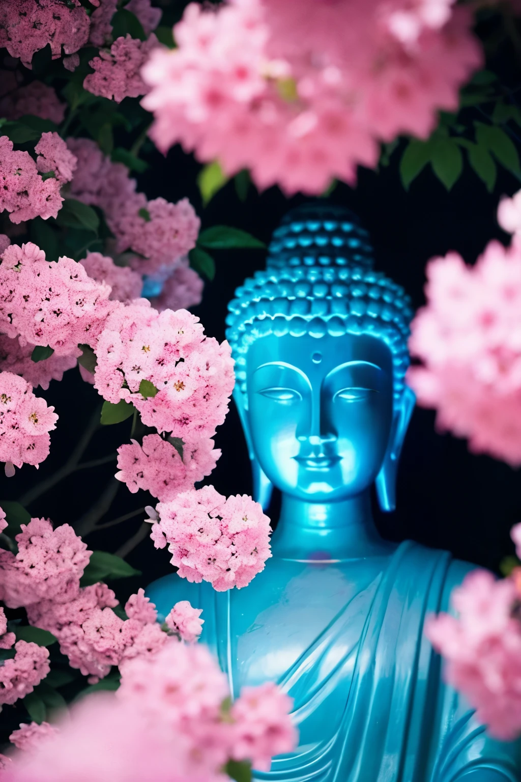 Dark blue big Buddha facing forward pink flowers dark background