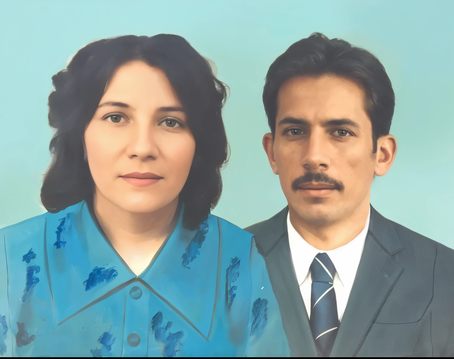 painting of a man and woman in a blue dress and a man in a suit, a colorized photo, portrait of two people, couple portrait, color portrait, couples portrait, restored color, colorized photo, hand - tinted, by Oscar Rodríguez Naranjo, by Ceferí Olivé, momma and papa, portrait n - 9, restored photo, couple