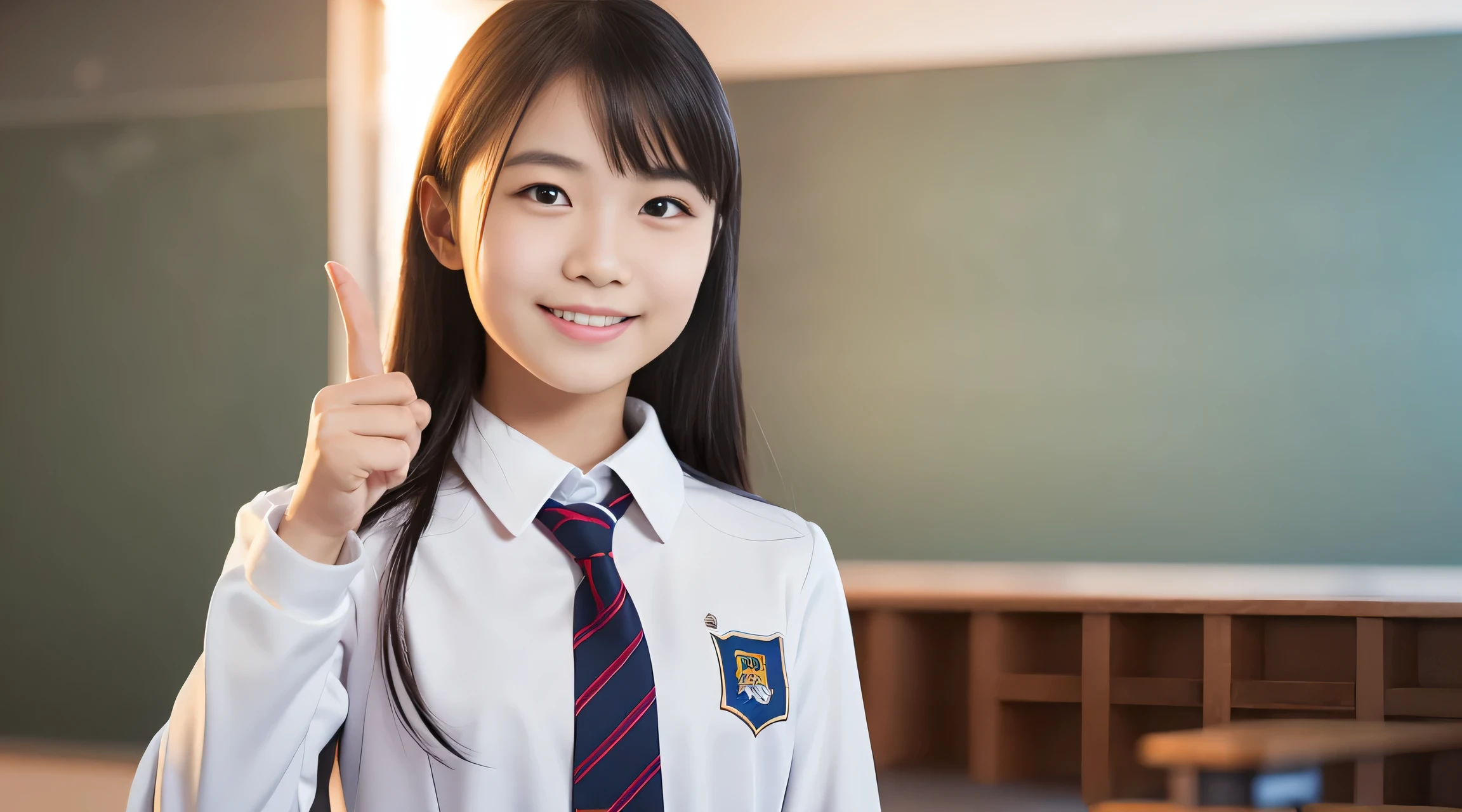 (RAW photo:1), (table top:1, highest quality:1), (8K photo), (photon mapping:1), (In a high school classroom:1), (realistic:1.8), (Upper body:1), (extra fine eyes:1), (1 Japan high school boys:1), (doing a presentation:1.5), (he is talking:1.6), (presentation:1.5), (pointing:1),(standing up straight:1.5), (In front of the blackboard:1), (Good posture :1.3), (natural modern classroom:1.6), (Long-sleeved uniforms:1.5), (15 years old), (round face:1),(we say:0.2), (Bokeh),(light smile), Raise your hand, raise your arms, (active pose:1), ( bright background:1.5), Bokeh,