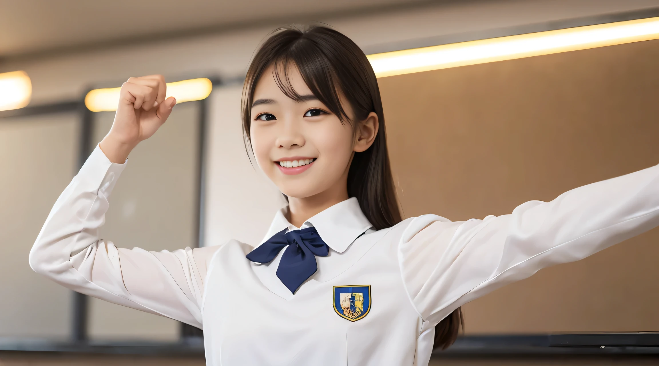 (RAW photo:1), (table top:1, highest quality:1), (8K photo), (photon mapping:1), (In a high school classroom:1), (realistic:1.8), (Upper body:1), (extra fine eyes:1), (1 Japan high school boys:1), (doing a presentation:1.5), (he is talking:1.6), (presentation:1.5), (pointing:1),(standing up straight:1.5), (In front of the blackboard:1), (Good posture :1.3), (natural modern classroom:1.6), (Long-sleeved uniforms:1.5), (), (round face:1),(we say:0.2), (Bokeh),(light smile), Raise your hand, raise your arms, (active pose:1), ( bright background:1.5), Bokeh,