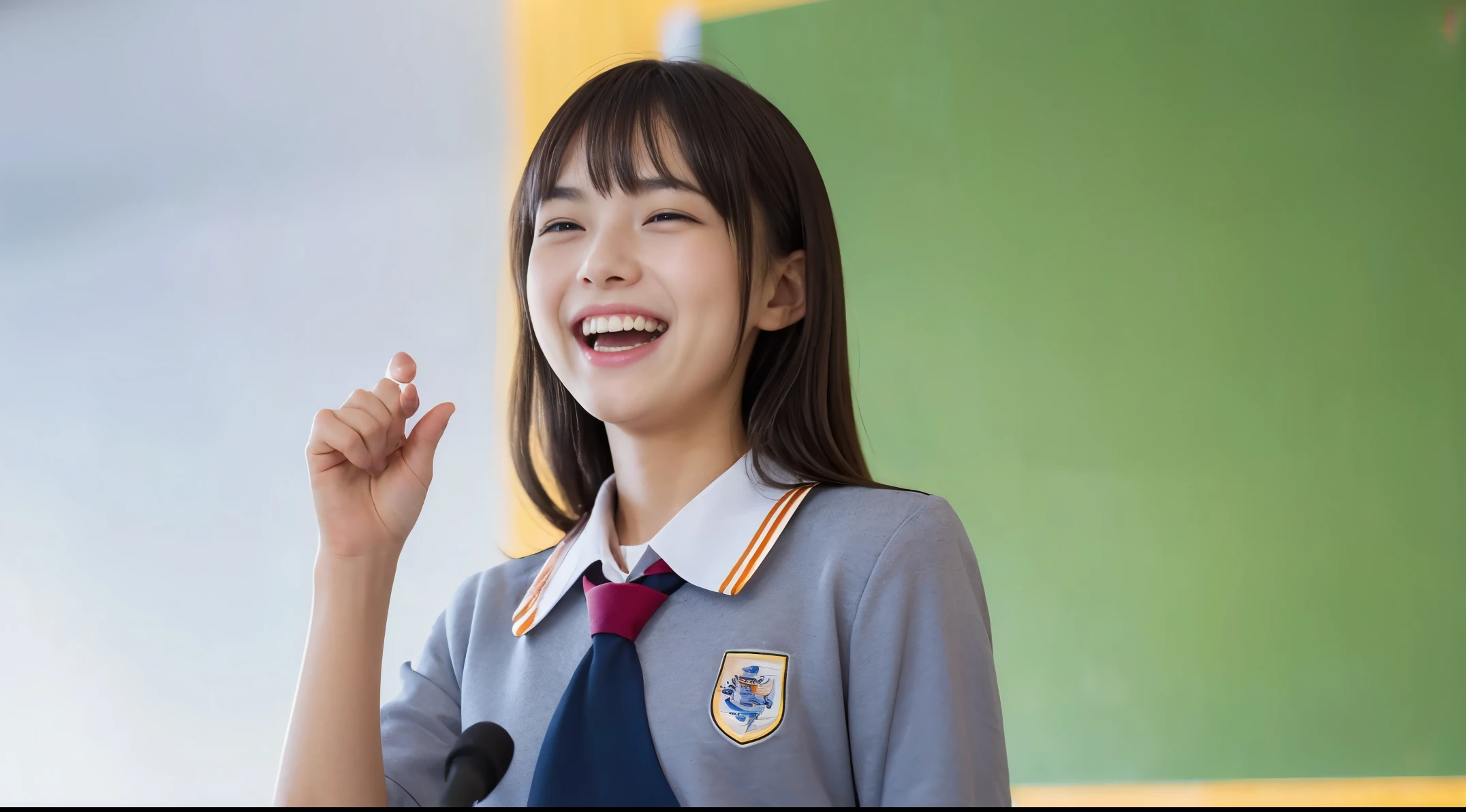 (Raw photo:1), (masutepiece:1, Best Quality:1), (8k photo), (Photon mapping:1), (In a high school classroom:1), (Photorealistic:1.8), (Upper body:1), (Ultra-fine eyes:1), (1 Japan high school boy:1), (doing a speech:1.5), (he is talking:1.6), (presentation:1.5), (Open arms:1),(standing straight:1.5), (In front of the blackboard:1), (Good posture :1.3), (Natural and modern classroom:1.6), ( School uniform:1.5), (), (Round face:1),(tareme:0.2), (Bokeh),(laughing:1.5), Hand up, Arm up, (Active Pose:1), (Bright background:1.5), Bokeh,