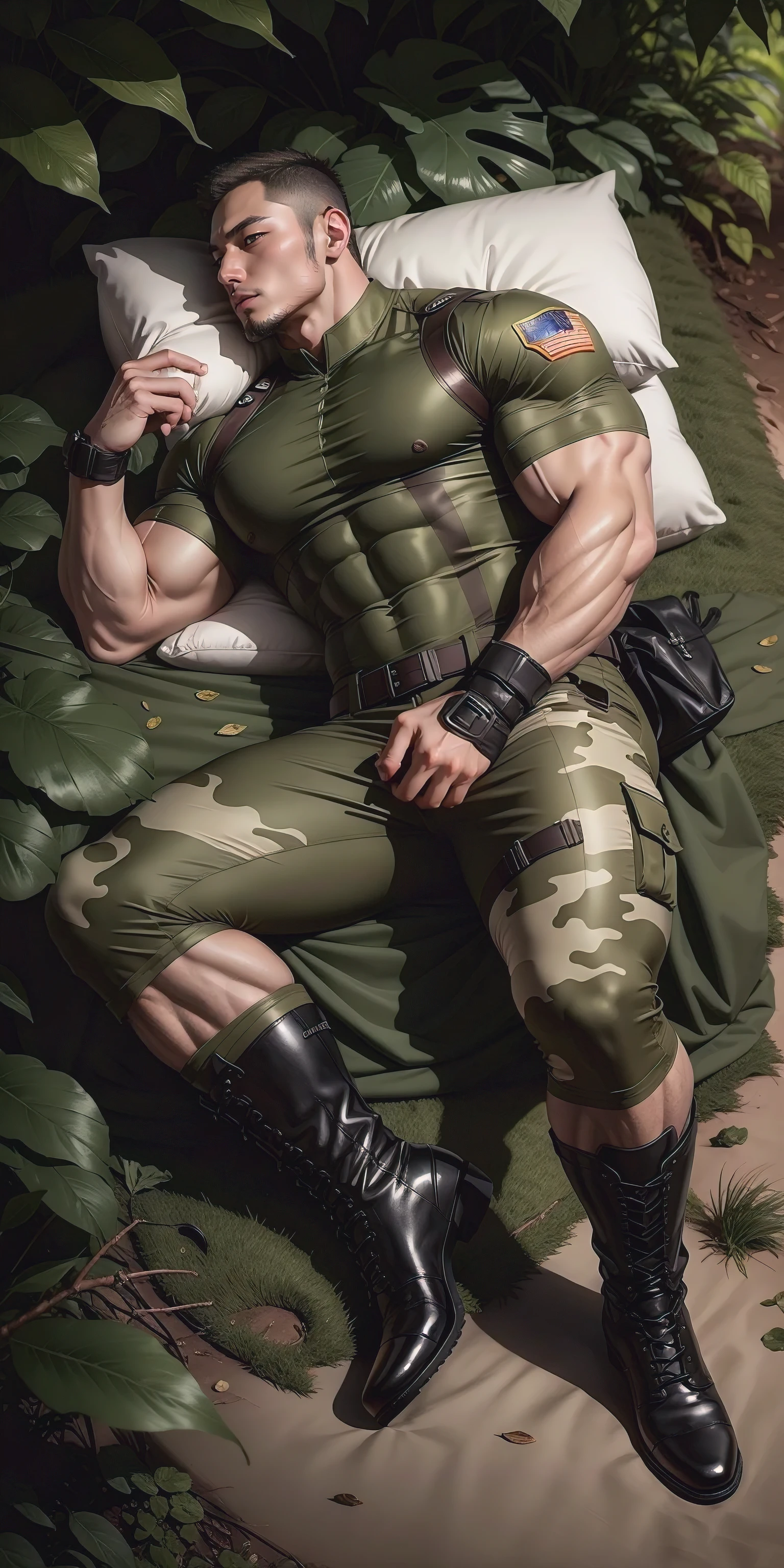 Tall muscular man sleeping and lying in the forest，Khaki camouflage military uniform，role conception（Resident Evil - chris redfield，chris redfield）buzz clip，身穿Khaki camouflage military uniform，matte texture，Soft and comfortable sponge bed，Lying down and sleeping in the dark sugar cane jungle, The body  wrapped in thick rattan，Sad expression，Deep and charming eyes，The hero with emerald pupils，heroic male pose，高urly，muscular！Charming leg muscles，High, burly, Heqiang， 身穿Khaki camouflage military uniform， Super gain and cool， high resolution committee， Big feet in black boots，Charming strong man，The bright sunshine shines on you，Frosted grain texture