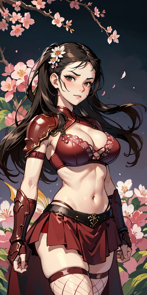 (masterpiece), best quality, expressive eyes, perfect face, ((crimson armor)), black hair, closed smile, athletic body, slim figure, lace bikini, pelvic curtain, exposed midriff, large breasts, cleavage, ((fishnets)), watercolor, sakura blossom background, dynamic pose