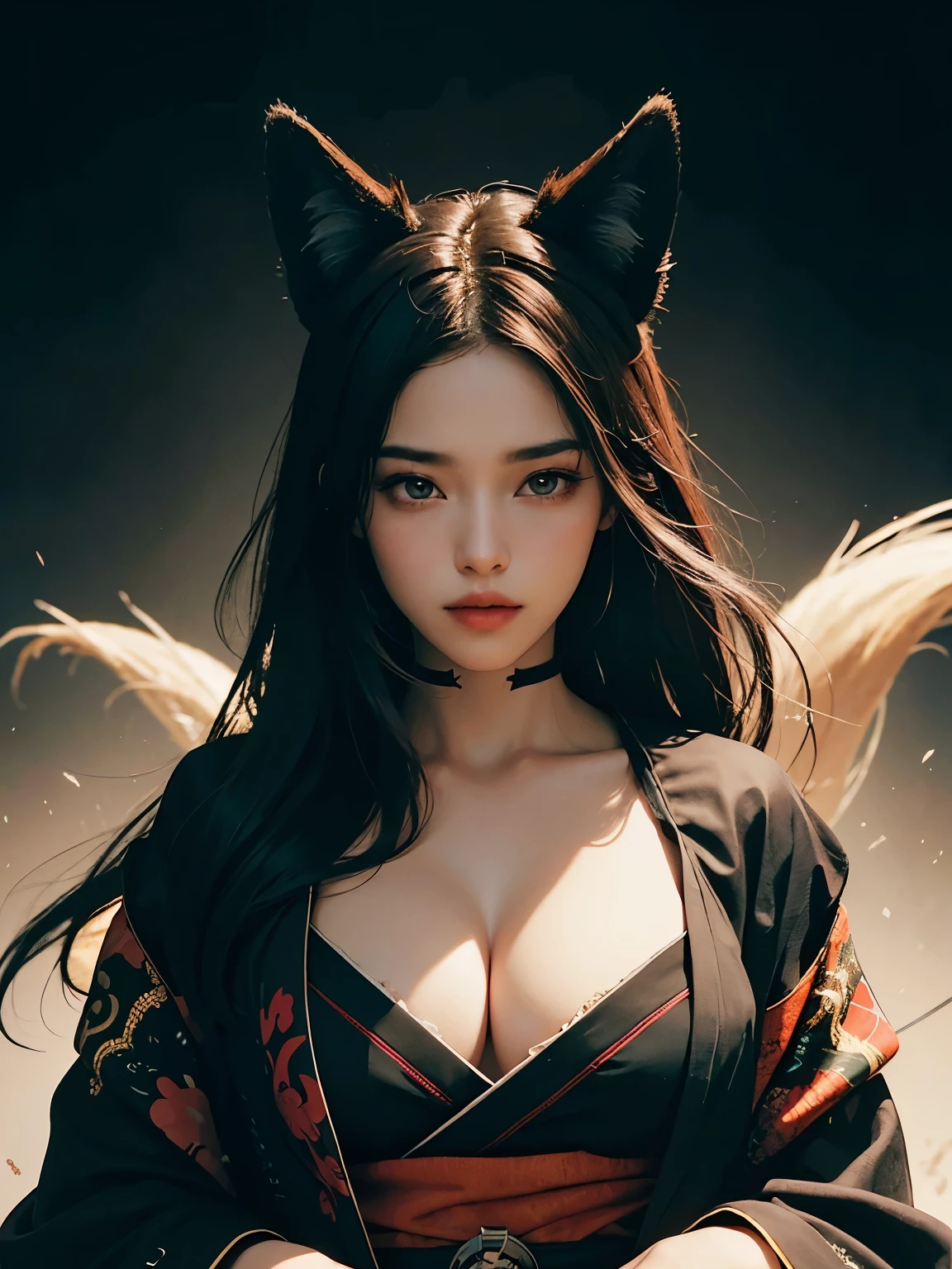 official art, unity 8k wallpaper, ultra detailed, beautiful and aesthetic, beautiful, masterpiece, best quality, dynamic angle, cowboyshot, the most beautiful form of chaos, elegant, a brutalist designed, vivid colours, romanticism, atmospheric, red and black kimono, fox mask on the side of the head, cleavage