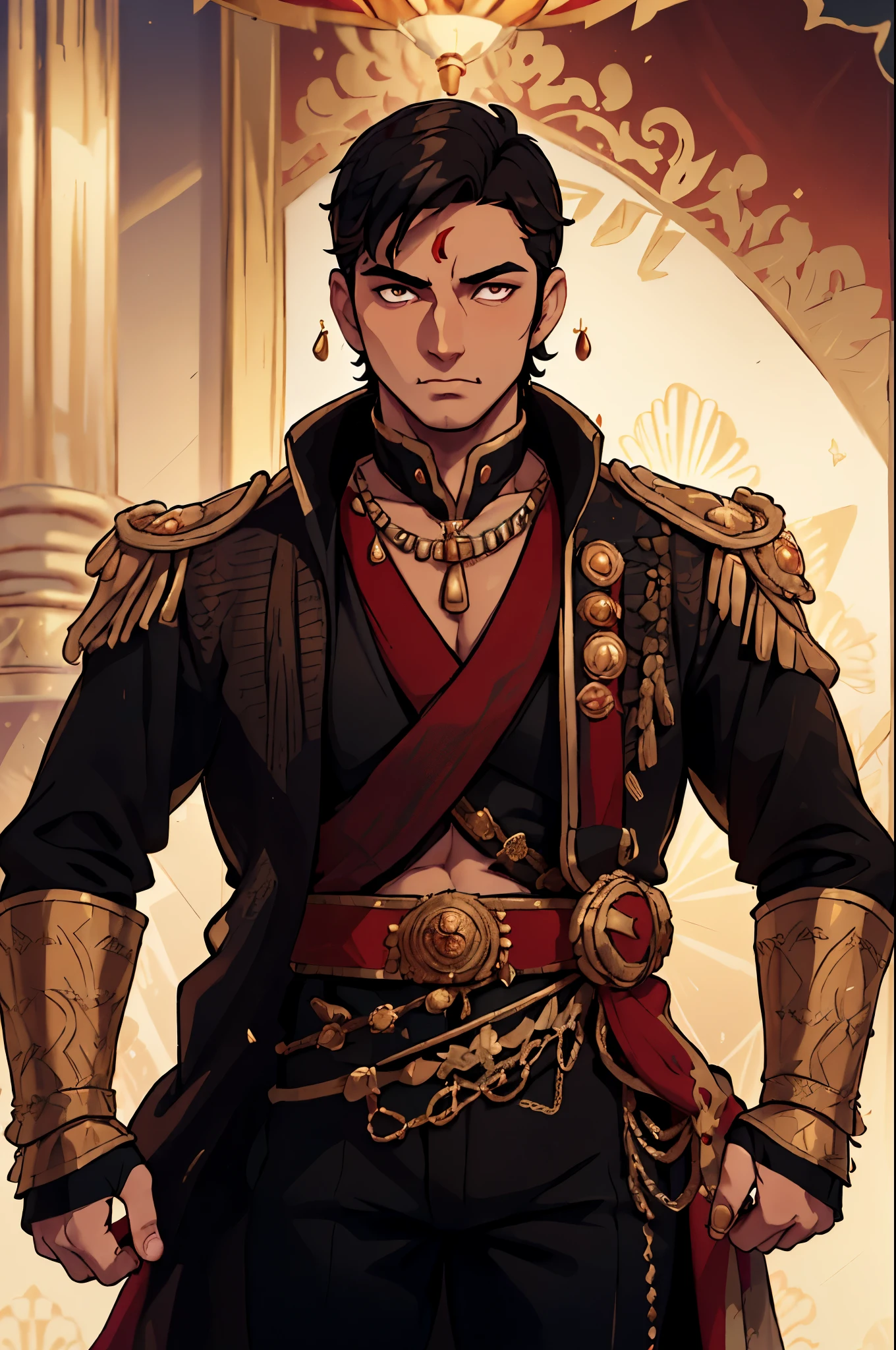 a man in a black and gold outfit standing in front of a gold and red background, handsome prince of persia, red and gold sumptuous garb, handsome prince, majesty in noble clothes, ottoman sultan, imperial royal elegant clothing, beautiful androgynous prince, dressed like napoleon bonaparte, very detailed and rich clothing, wearing gilded red royal robes