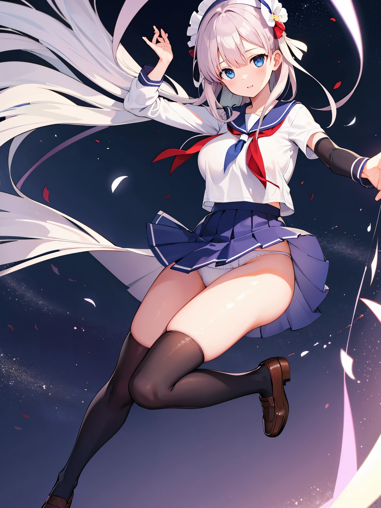 (1 girl),(high quality), (High resolution), (extremely detailed), (8K),(lower body shot),(She is wearing panties under her school uniform and short navy pleated skirt.),(wearing black knee-high stockings)not wearing shoes,perfect writing,(Beautifully erect nipple shape:1.2),High resolutionの美しい目,(neutral white lighting:1.2),Dancing in another world with strong winds