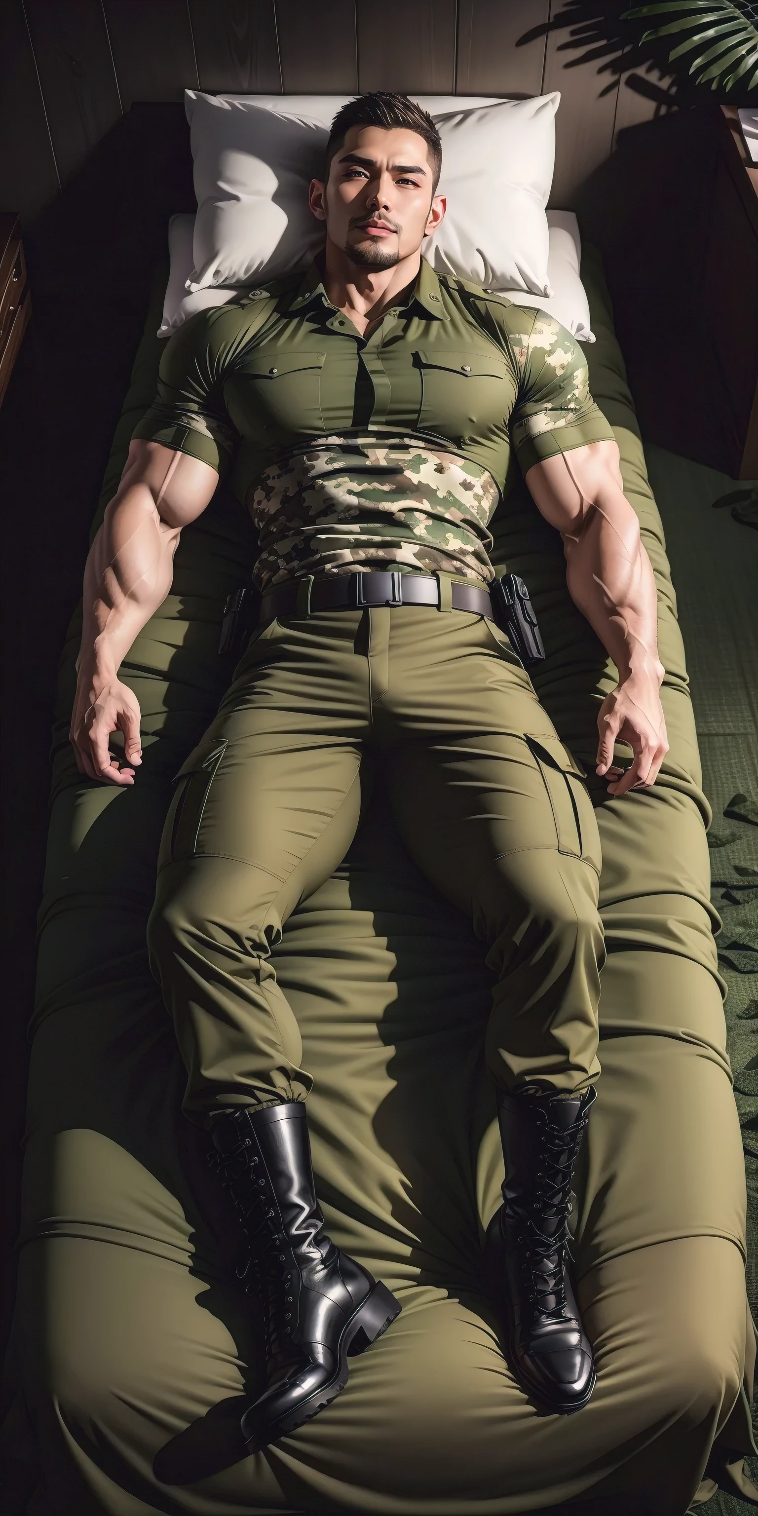 Tall muscular man sleeping and lying in the forest,Khaki camouflage military uniform,role conception(Resident Evil - chris redfield,chris redfield)buzz clip,身穿Khaki camouflage military uniform,matte texture,Soft and comfortable sponge bed,Lying down and sleeping in the dark sugar cane jungle, The body wrapped in thick rattan,Sad expression,Deep and charming eyes,The hero with emerald pupils,heroic male pose,高urly,muscular!Charming leg muscles,High, burly, Heqiang, 身穿Khaki camouflage military uniform, Super gain and cool, high resolution committee, Big feet in black boots,Charming strong man,The bright sunshine shines on you,Frosted grain texture