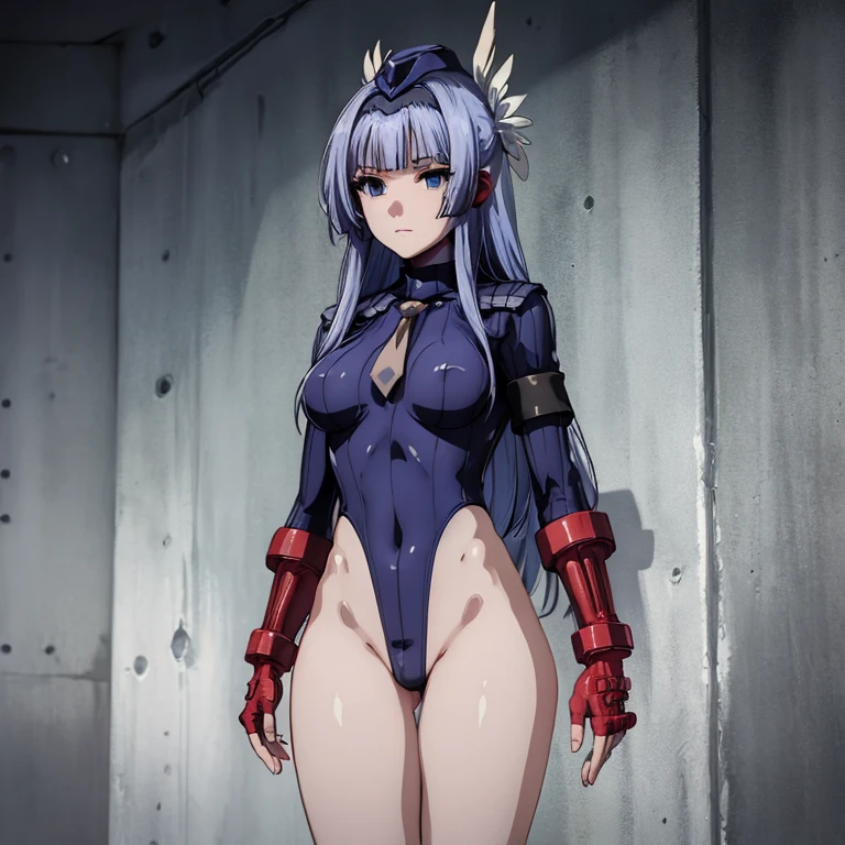 ultra-detailed, Explicit, Beautiful body, Beautiful Nose, Beautiful character design, perfect eyes, perfect face, ultra highres, 4K, beautiful legs, perfect legs, Nice hands, Perfect hand, Masterpiece, Best Quality, Highly detailed, illustration, absurdres, perfect anatomy, street fighter, doll suit, shadaloo doll, dollsuit, girls, multiple girls, expressionless, blank eyes, looking at viewer, red gloves, emotionless, black latex, corrution, mind control, female combatant, full body, hypnotized, unhappy trance, full body suit, ribbed bodysuit, both arms at side, obey, perfect female body, extremely glossy latex, hypnosis, hypnoLora, empty eyes, Mind control device, poses, submissive_pose, Slave, hat, necktie, stand up straight, standing, standing at attention, hat, necktie, belt, latex, ribbed bodysuit, thighhighs, garter belt, Fighting Stance, military, thigh boots, 1girl, Solo, Melfina , Black Summoner, light purple hair, long hair, blue eyes, hair ornaments, feather