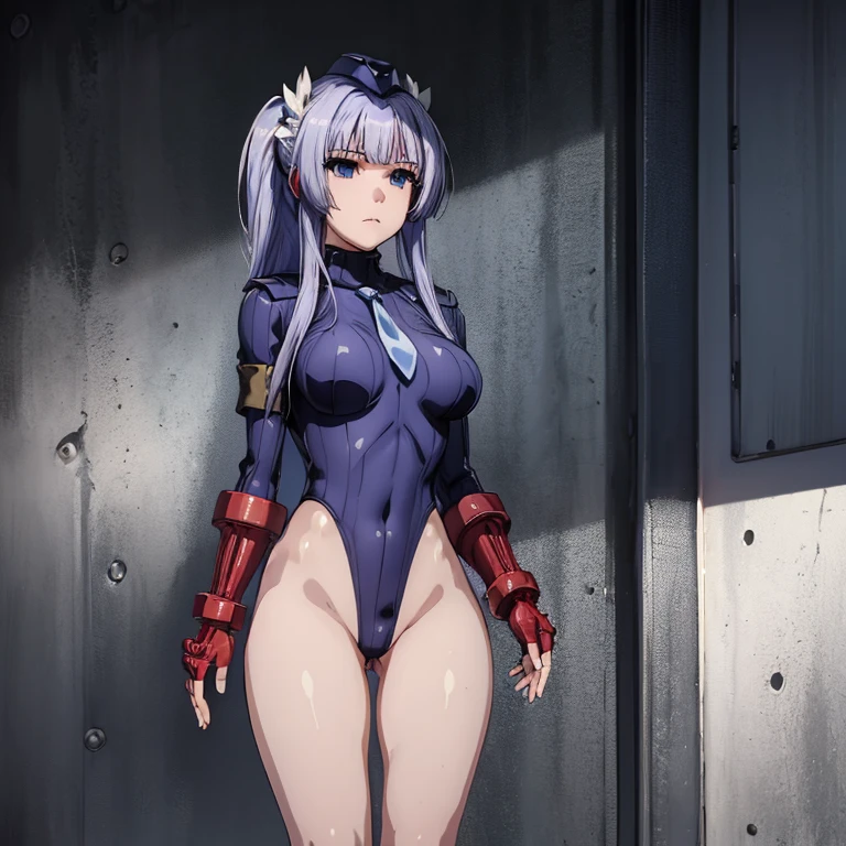 ultra-detailed, Explicit, Beautiful body, Beautiful Nose, Beautiful character design, perfect eyes, perfect face, ultra highres, 4K, beautiful legs, perfect legs, Nice hands, Perfect hand, Masterpiece, Best Quality, Highly detailed, illustration, absurdres, perfect anatomy, street fighter, doll suit, shadaloo doll, dollsuit, girls, multiple girls, expressionless, blank eyes, looking at viewer, red gloves, emotionless, black latex, corrution, mind control, female combatant, full body, hypnotized, unhappy trance, full body suit, ribbed bodysuit, both arms at side, obey, perfect female body, extremely glossy latex, hypnosis, hypnoLora, empty eyes, Mind control device, poses, submissive_pose, Slave, hat, necktie, stand up straight, standing, standing at attention, hat, necktie, belt, latex, ribbed bodysuit, thighhighs, garter belt, Fighting Stance, military, thigh boots, 1girl, Solo, Melfina , Black Summoner, light purple hair, long hair, blue eyes, hair ornaments, feather
