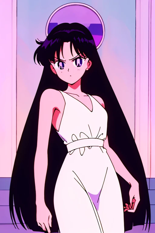 rei hino, black hair, purple eyes, beautiful detail eyes, Long straight hair, fancy white dress, evening dress, night, bare arms, high school entrance, 1 girl, solo, high quality, masterpiece.