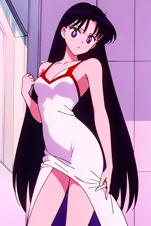 rei hino, black hair, purple eyes, beautiful detail eyes, Long straight hair, fancy white dress, evening dress, night, bare arms, high school entrance, 1 girl, solo, high quality, masterpiece.