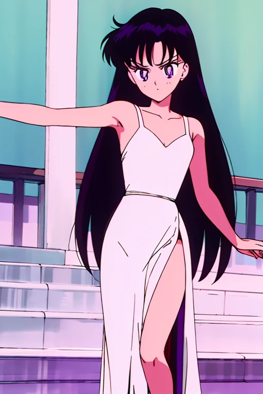 rei hino, black hair, purple eyes, beautiful detail eyes, Long straight hair, fancy white dress, evening dress, night, bare arms, high school entrance, 1 girl, solo, high quality, masterpiece.