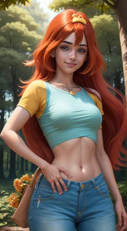 obra maestra, Mejor calidad, ultra detallado, bloom, mqmf, cara madura, alto, grueso, pelo naranja, ojos azules, golpes, pelo largo, atuendo casual, croptop, camiseta azul, Manga corta amarilla, vaqueros ajustados, pantalones, de pie, Sonrisa, en el bosque, tiro de vaquero, Realista, volumetric lighting, detalles intrincados, mapeo de tonos, Sharp focus, hiper detallado,