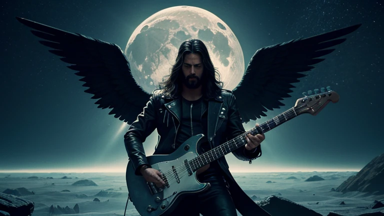 Generate a captivating digital image featuring Jesus Christ as a rockstar deity adorned in a leather jacket, playing an electric guitar on the moon. Include beautiful, shining black angel wings and depict Jesus in a triumphant pose, having just defeated the devil and triumphantly trampling over him. Create a dramatic, post-apocalyptic underworld setting with cold and dark colors in the background, enhancing the surreal atmosphere of the moon's surface.