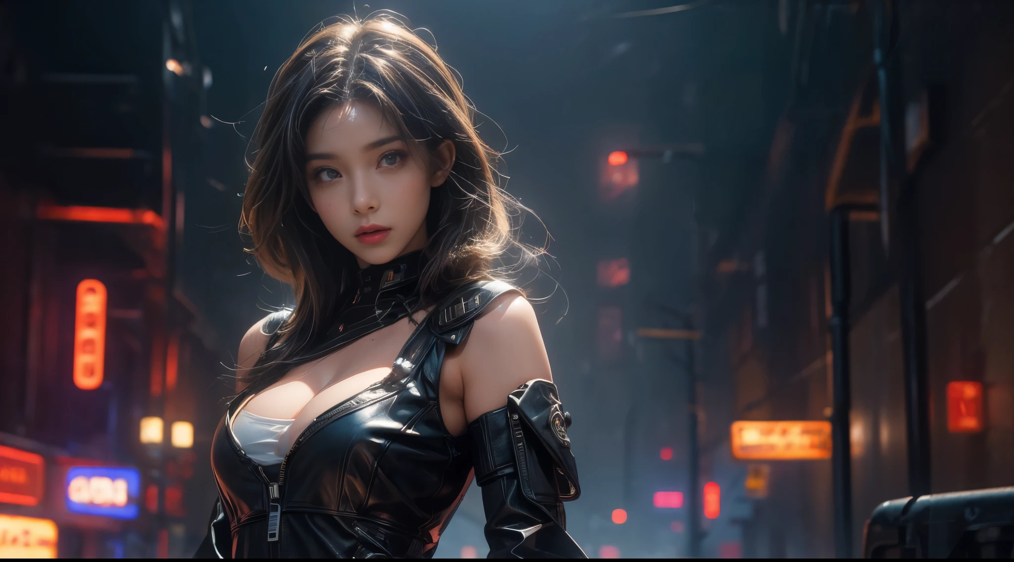 original photo, (best quality:1.3), high resolution, (masterpiece), (lifelike:1.4), Professional photography, sharp focus, high dynamic range, 8K resolution, intricate details, Exquisite details, depth of field, Extremely detailed CG unified 8k wallpaper, masterpiece，movie poster，best quality，official art，（Beauty and aesthetics：1.2），（masterpiece：1.3），The cities of the future，cyberpunk characterar，a girl，Leather jacket，Off the shoulders，No underwear，looking at camera，（medium focal length lens：1.8），volumetric fog，rain，night，drama