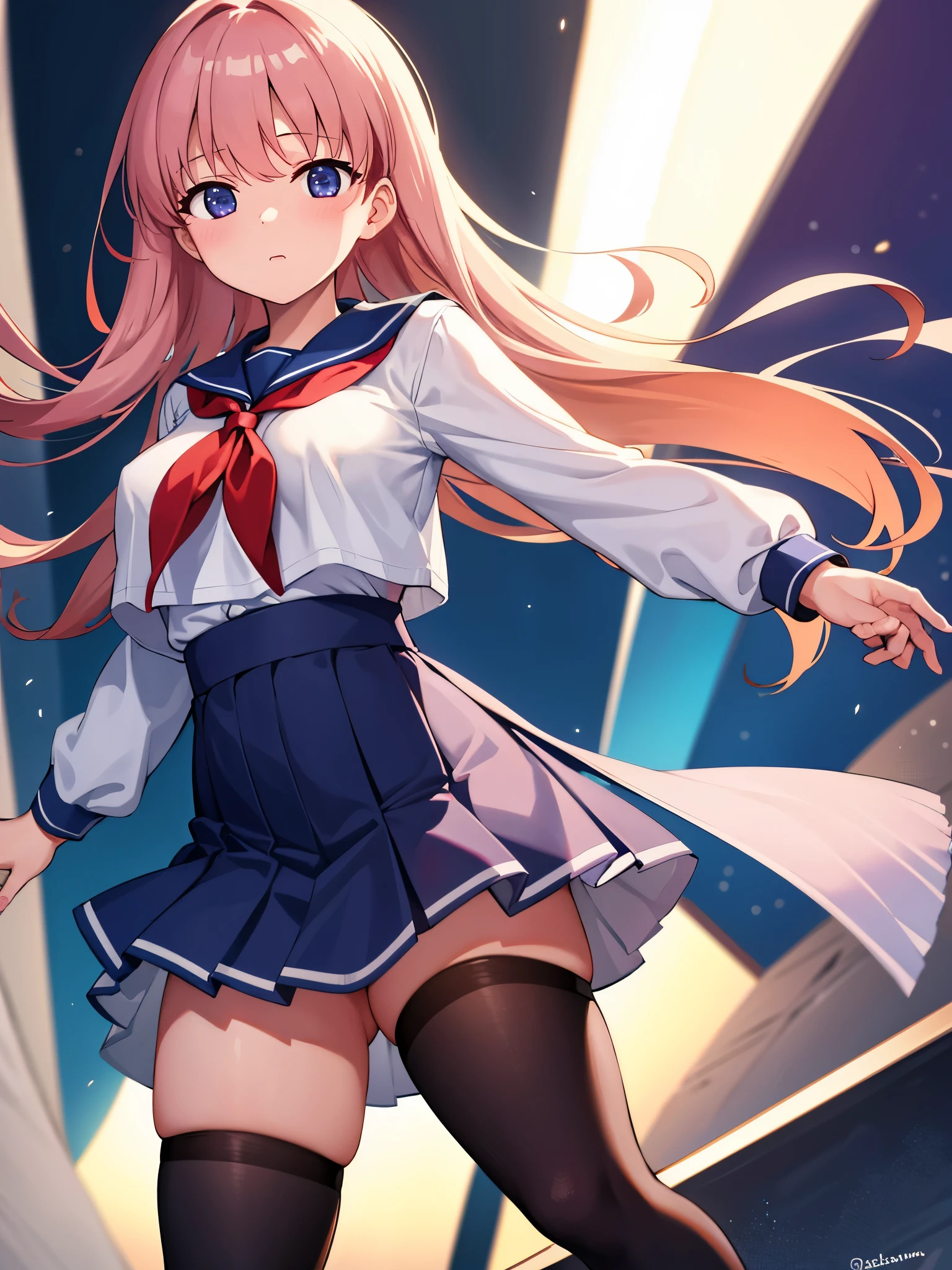 (1 girl),(high quality), (High resolution), (extremely detailed), (8K),(lower body shot),(She is wearing panties under her school uniform and short navy pleated skirt.),(wearing black knee-high stockings)not wearing shoes,perfect writing,(Beautifully erect nipple shape:1.2),High resolutionの美しい目,(neutral white lighting:1.2),Dancing in another world with strong winds