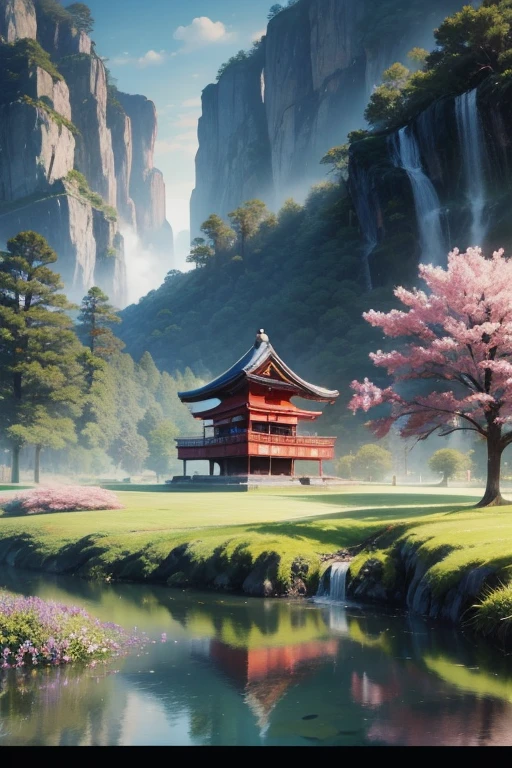 Beautiful sanctuary landscape, flores de cerejeira, pinheiros, anime arte de fundo, Art style of Japan, Linda cena de anime, detailed scenery - width 672, arte de fundo, paisagem de anime, fundo de anime, Linda cena de animery, bela cena de paz em anime, arte de paisagem, Japan Village, paisagem de anime concept art, 8k))