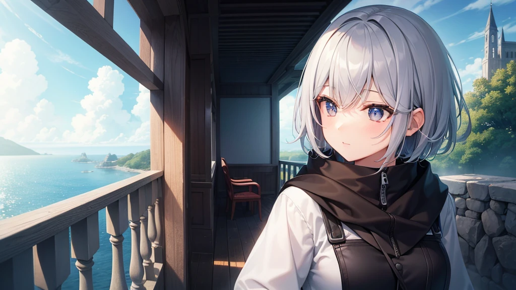 super high quality, girl, とてもshort hair, long bangs between the eyes, very detailed,(masterpiece、highest quality)、alone、dark gray, silver hair, gray eyes, beautiful eyes,、short hair,blue sky , sunlight,fantasylandscape,