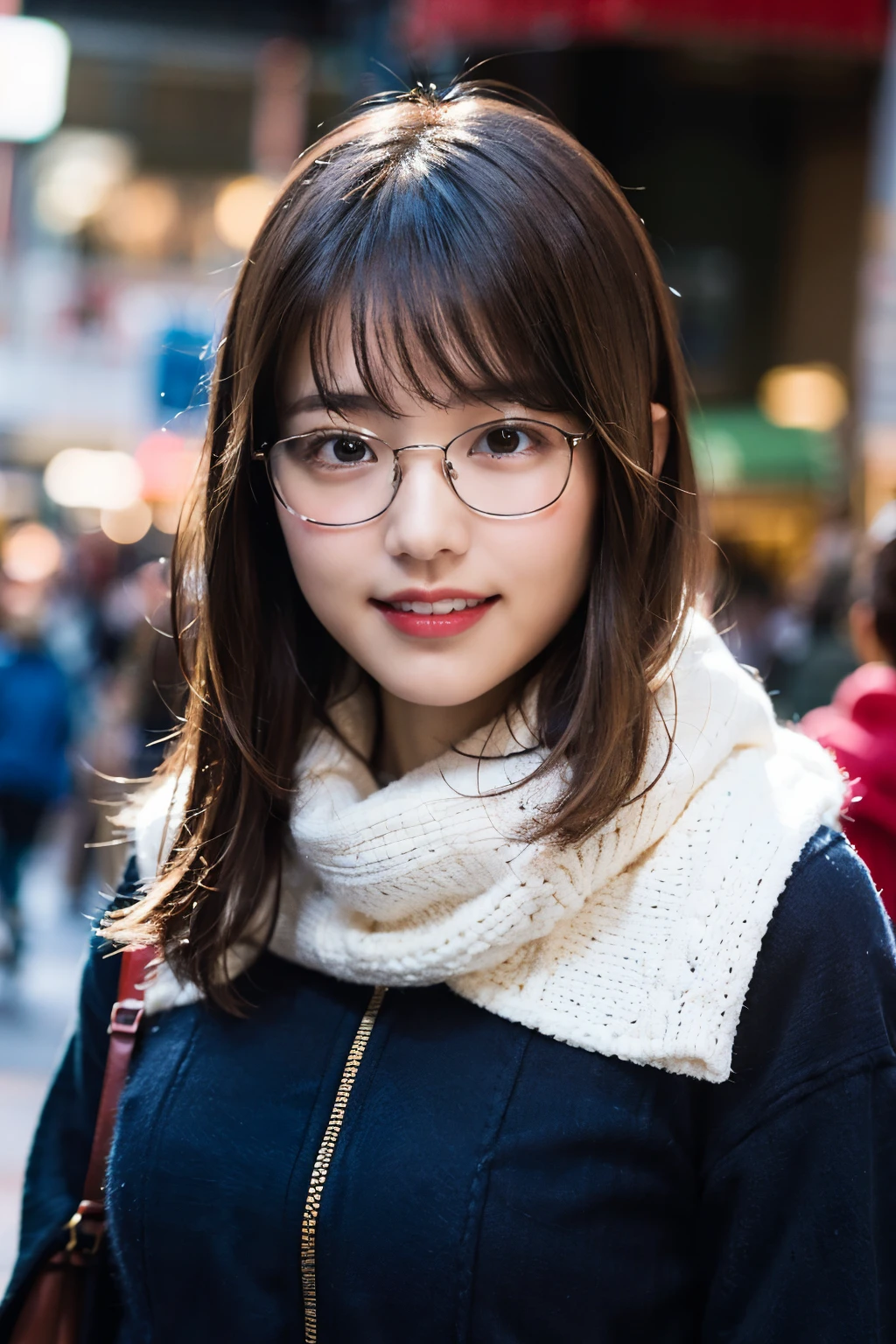 (8K、Raw photo、highest quality、masterpiece:1.2)、(realistic、Photoreal:1.37)、super detailed、Super high resolution、1 girl、see the beholder、beautiful and detailed face、A smile with a little visible teeth、(slim waist) :1.3)、((cute clothes))、thick winter clothes、Beautiful and smooth skin、skin texture、floating hair、((Fluffy hairstyles))、good shape big breasts、professional lighting、Winter Day、Shopping street in front of the station、((Glasses without a frame at the top))、human body as a whole、black hair、((Shameful appearance))、pay attention to the audience、